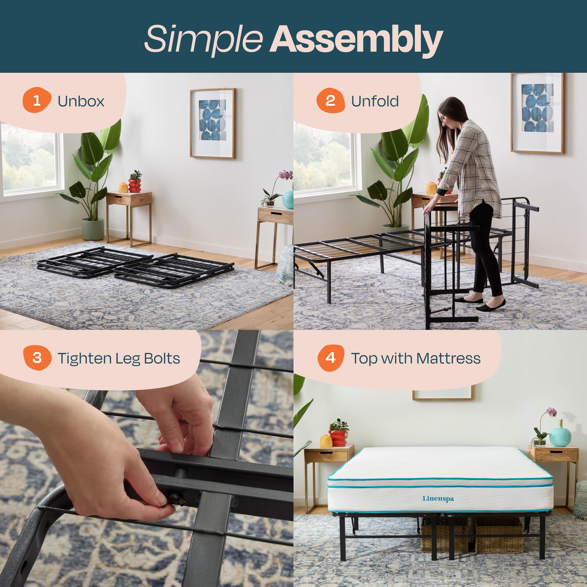 Linenspa Folding Metal Platform Bed Frame - No Box Spring Needed - Underbed Storage - Simple Tool Free Assembly - Mattress Foundation - 14' - Traditional Design - Sturdy Steel - California King Size