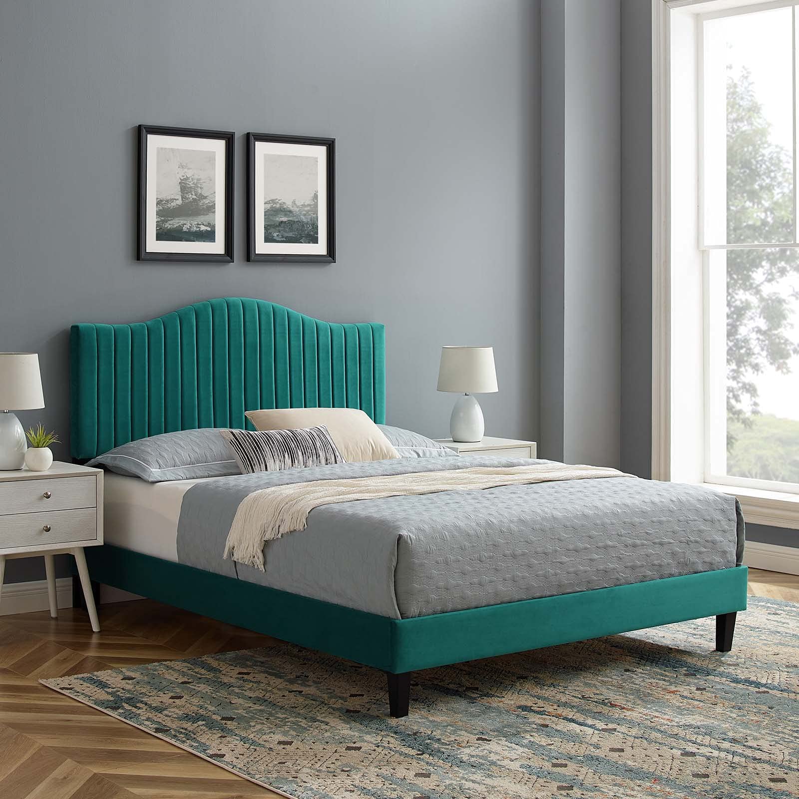 Modway MOD-6747-TEA Juniper Channel Tufted Performance Velvet Full Platform Bed, Teal