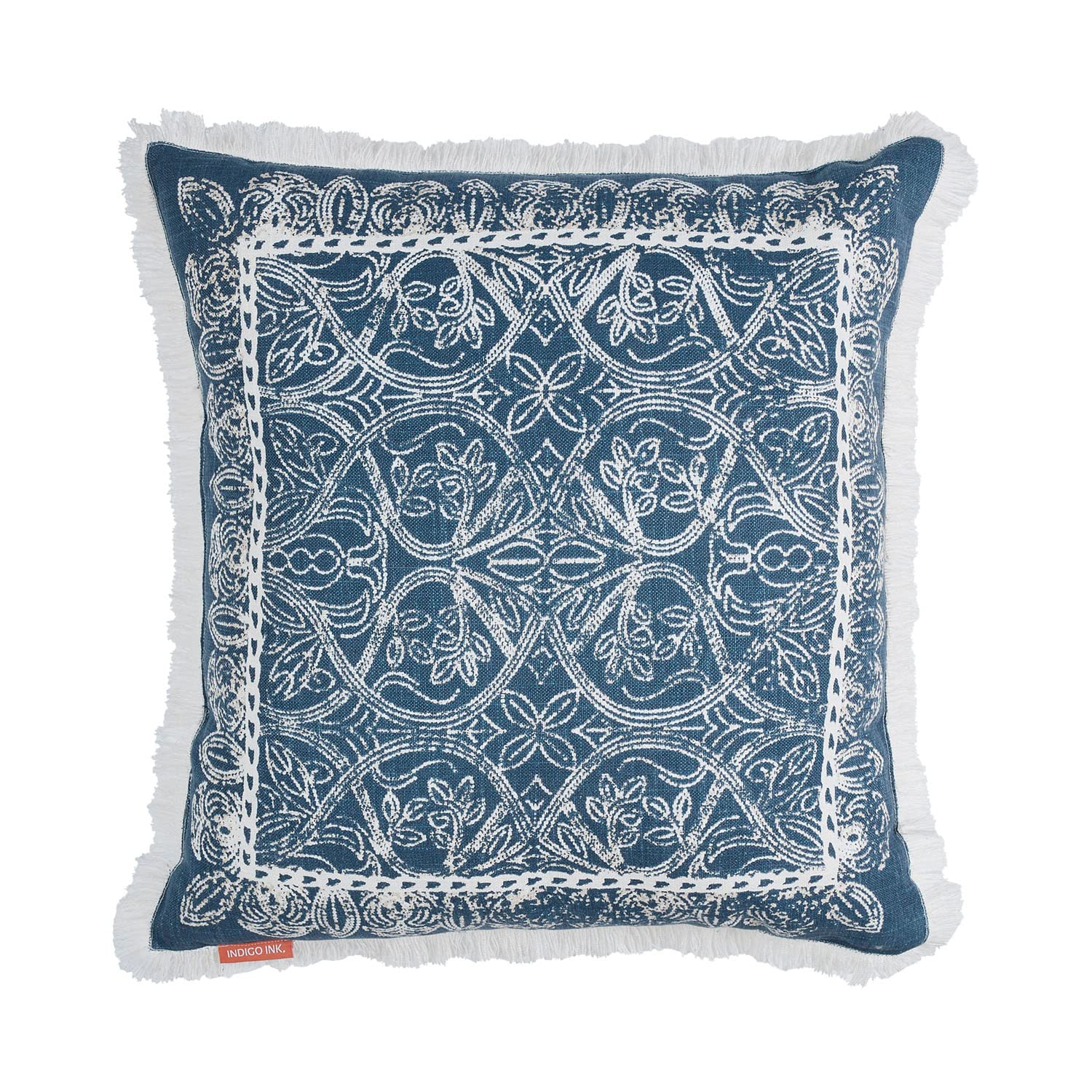 Indigo Ink - Decorative Pillow, Medallion Pillow With Fringe, Throw Pillows For Couch Or Bed, Boho Home Decor, 20' X 20' (Whit