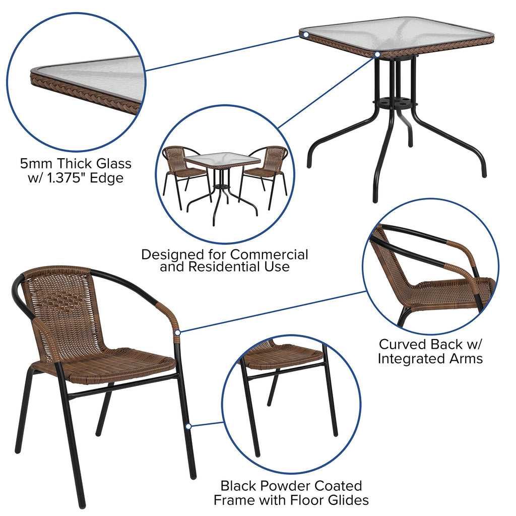 Flash Furniture Lila 3-Piece 28" Square Indoor/Outdoor Patio Table And Chairs Set, Glass Metal Bistro Table And 2 Stacking Rattan Chairs, Brown