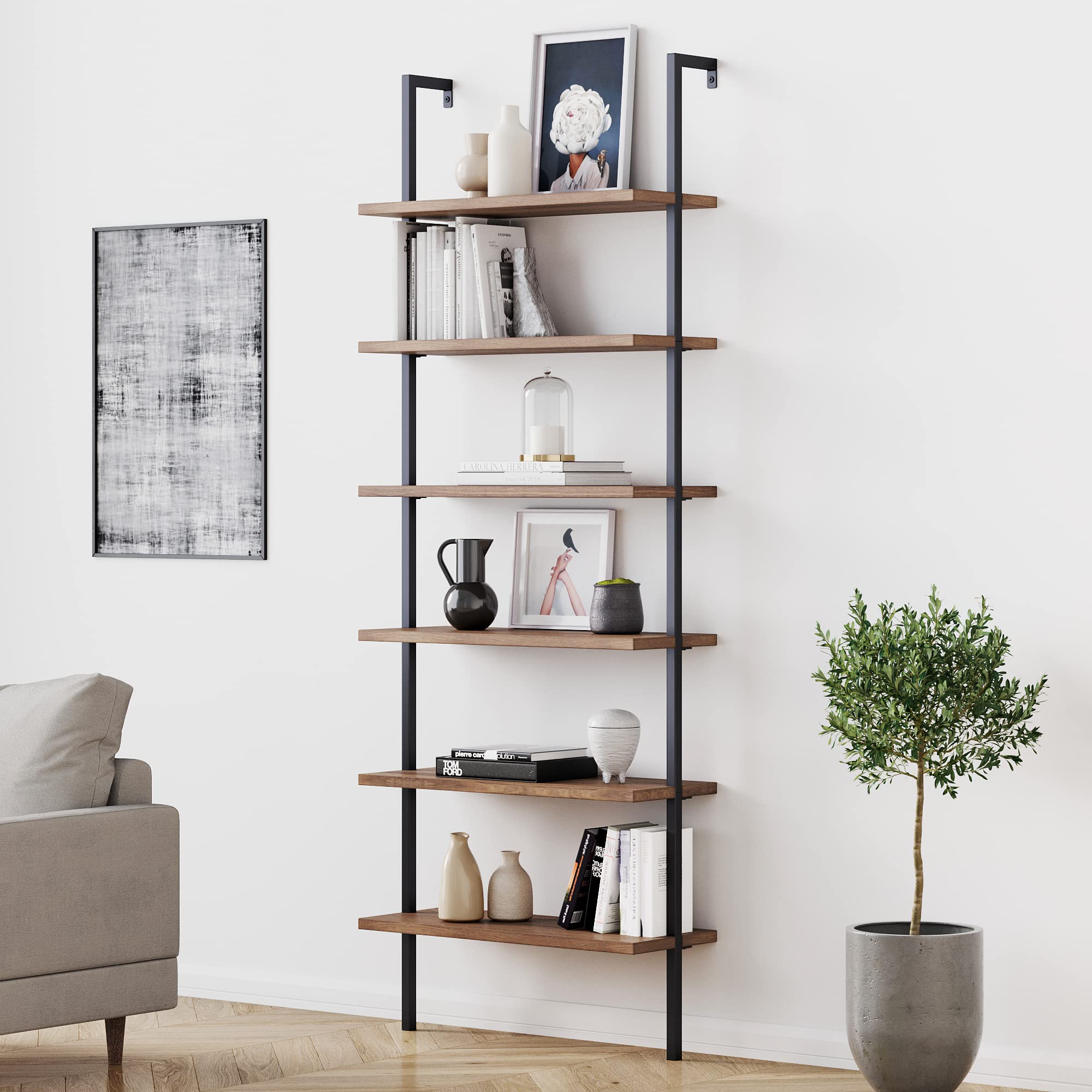 Nathan James Theo 6-Shelf Tall Bookcase, Wall Mount Bookshelf with Reclaimed Wood and Industrial Metal Frame, Oak/Black