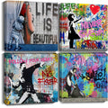 Biufo Banksy Canvas Wall Art Artwork Graffiti Street Print Pictures for Bedroom Living Room Wall Decor (12x12x4Pcs)