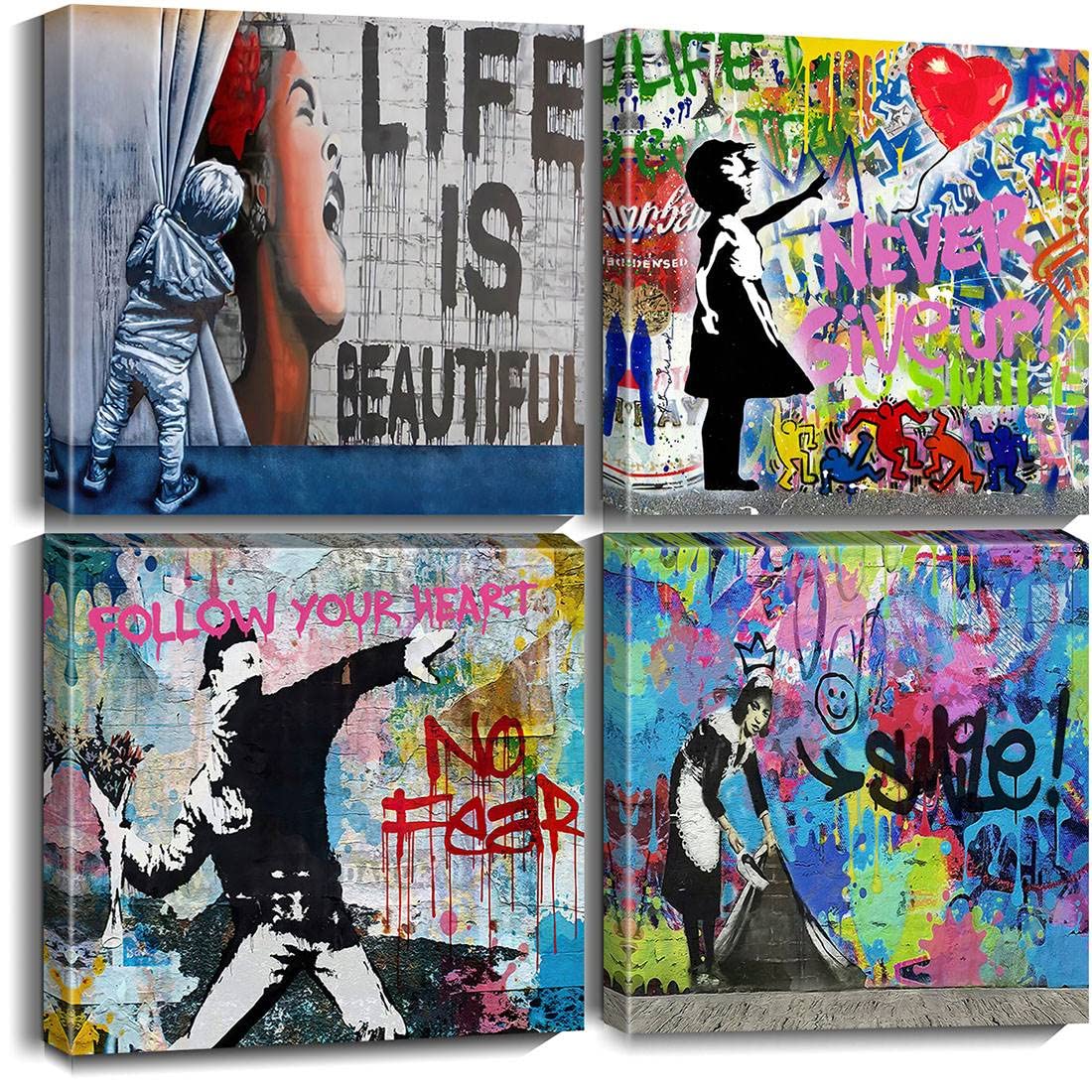 Biufo Banksy Canvas Wall Art Artwork Graffiti Street Print Pictures for Bedroom Living Room Wall Decor (12x12x4Pcs)