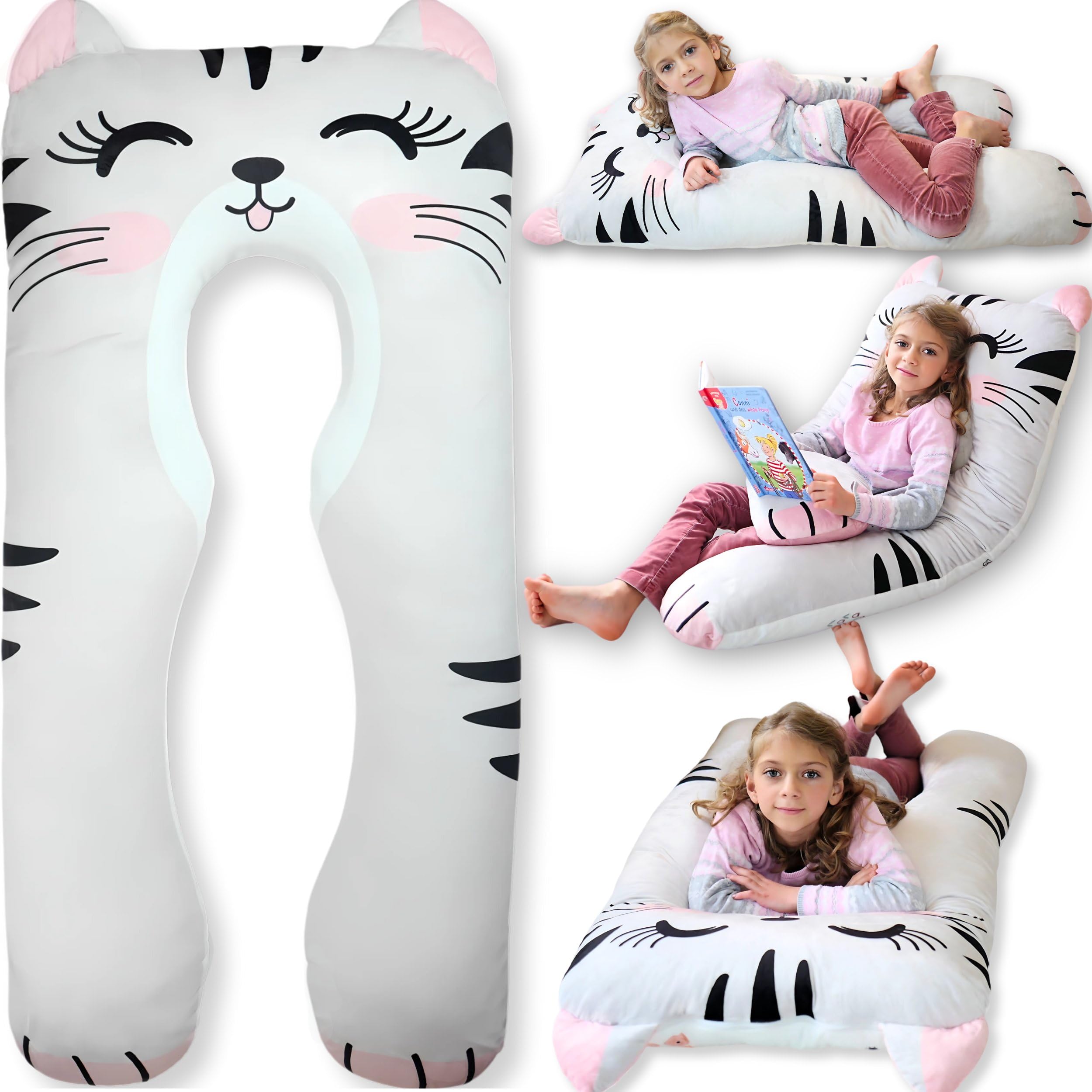 Cat Kids Body Pillow - 47' U-Shape Long Plush Soft Animal Pillow For Toddlers, Sleeping, Reading, Adhd & Special Needs Comfort,