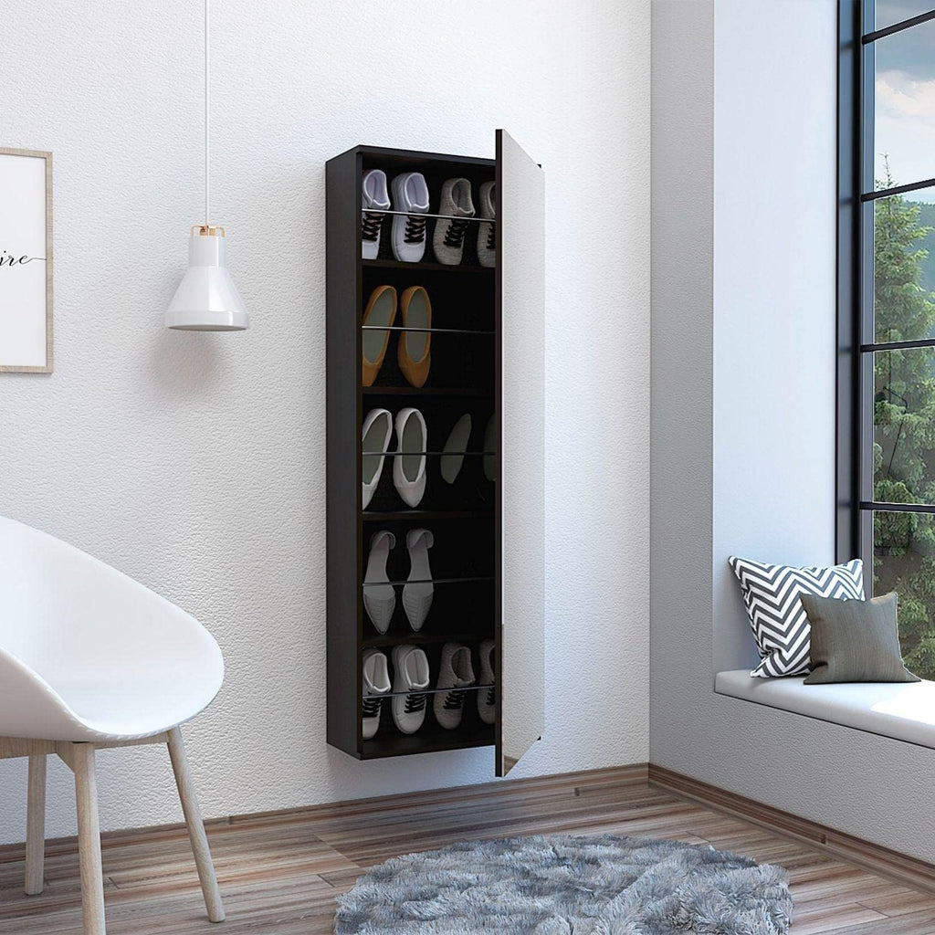 Depot E-Shop Seul Wall Mounted Shoe Rack, Mirror, One Door, Capacity for Ten Shoes, Black, Rack, for Bedroom