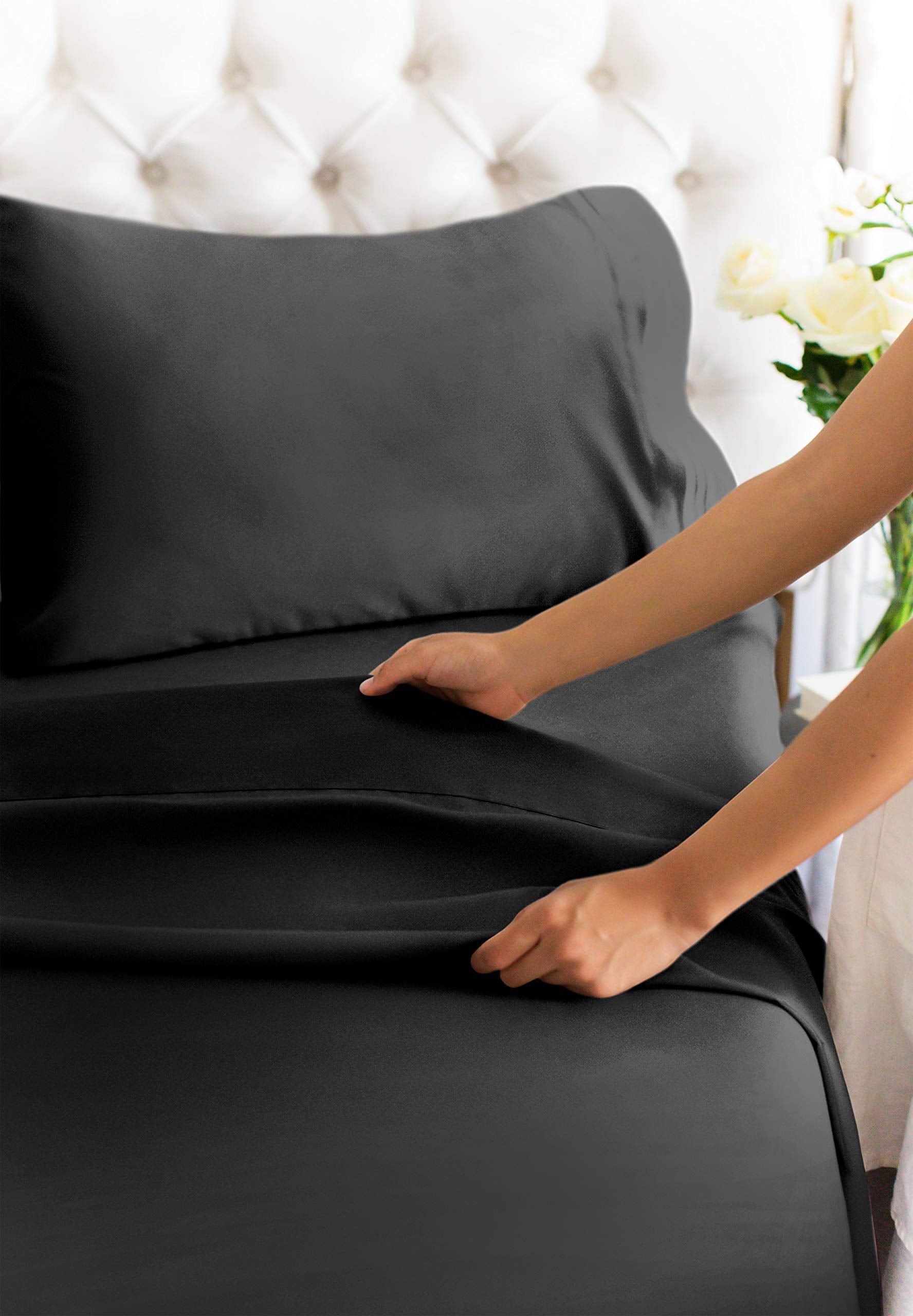 Extra Deep Pocket King Sheets - 4 Piece Breathable & Cooling Bed Sheets - Hotel Luxury Bed Sheet Set - Soft, Wrinkle Free & Comfy - Easily Fits Extra Deep Mattresses - Deep Pocket Black Sheets Set