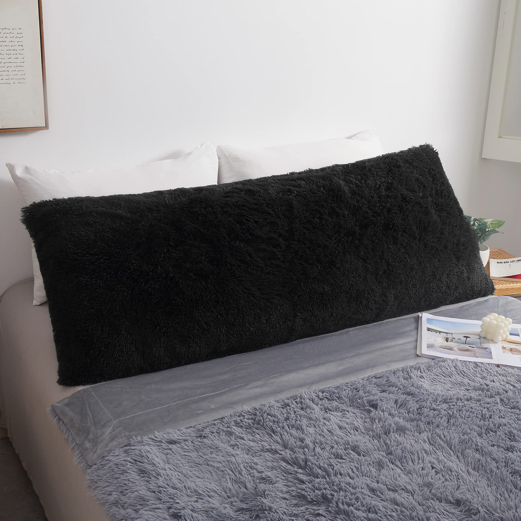 Mego Luxury Fluffy Body Pillow Cover, 20X54 Shaggy Faux Fur Body Pillow Case, Black Soft Plush Fuzzy Body Pillowcase, Decorative