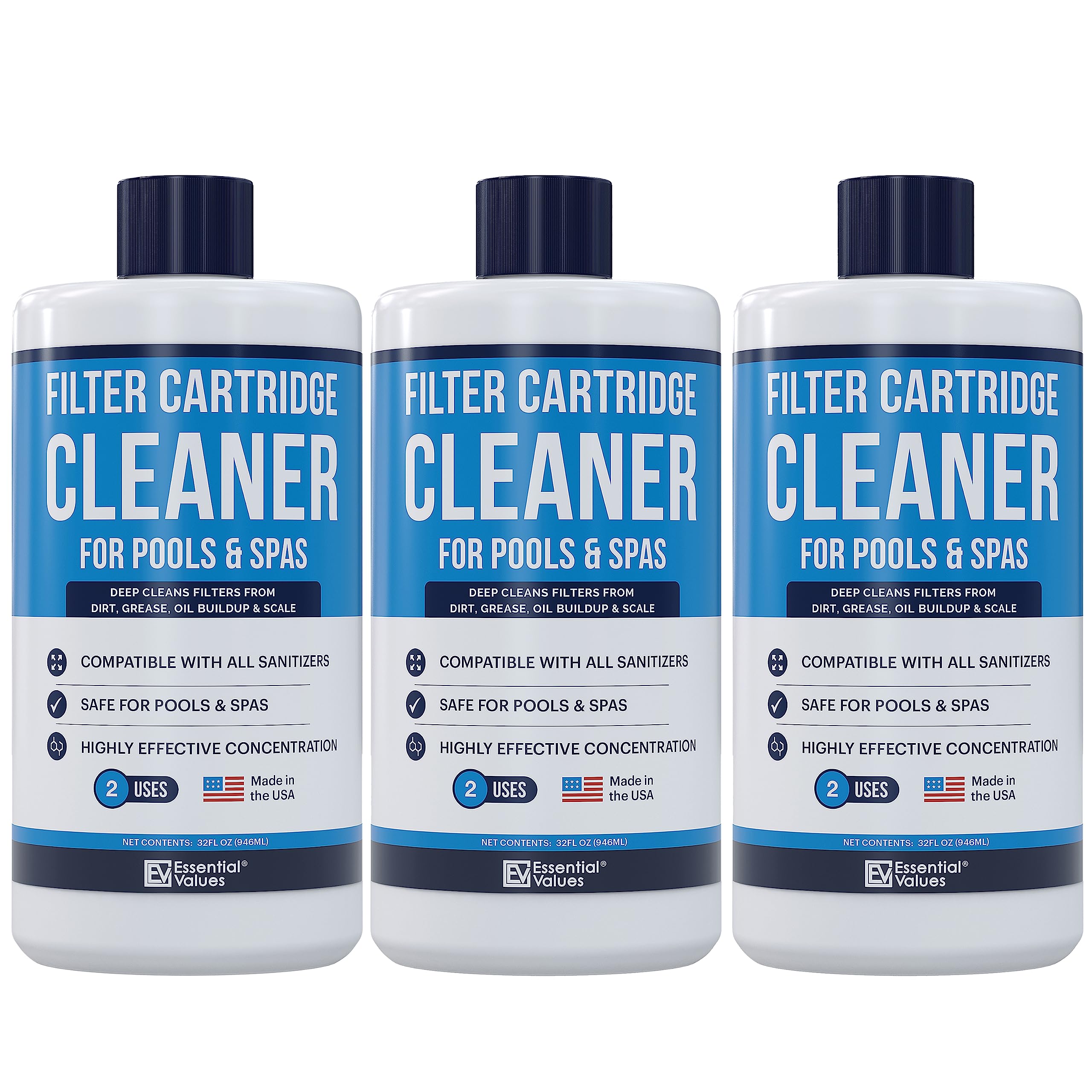 Pool & Spa Cartridge Cleaner (3 Pack, 32Oz / 3 Quart Total / 6 Uses), Made In Usa - Filter Cleaning Solution Comparable To Leisu