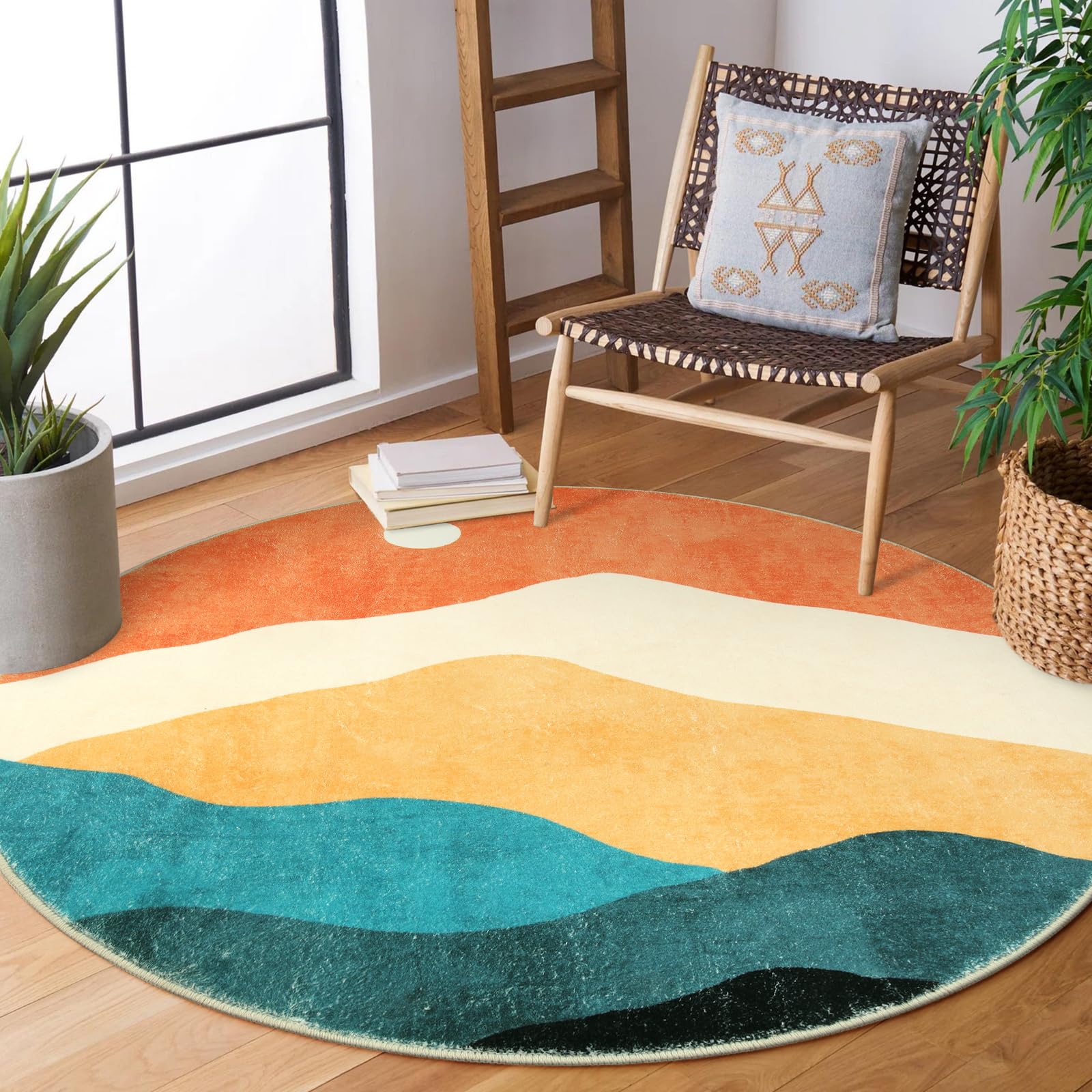 Sungea 6 ft Abstract Round Rugs for Bedroom, Washable Non-Slip Circle Rug, Soft Colorful Low-Pile Floor Mat, Chic Faux Wool Larg