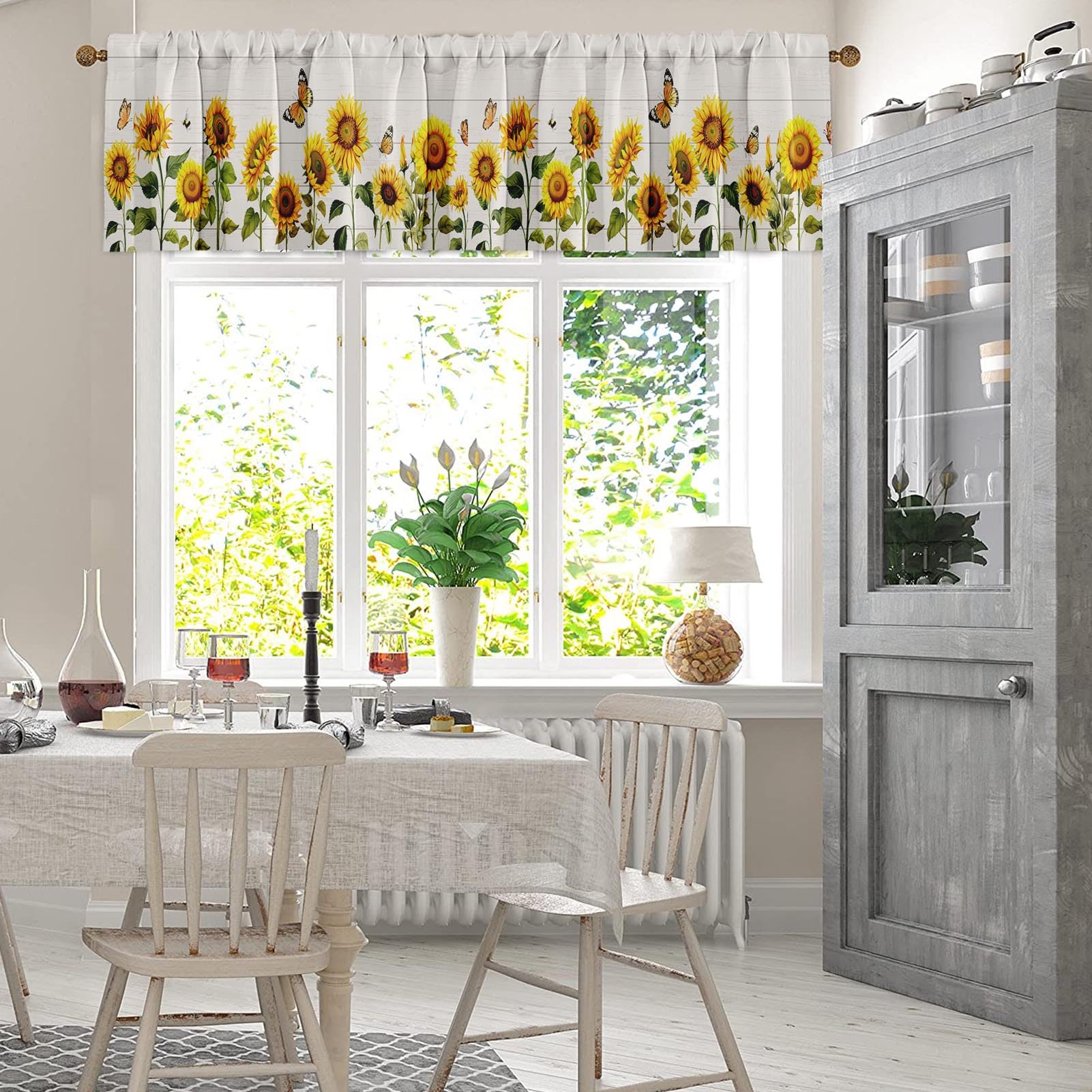 Emvency 2 Pack Valances Window Treatments Farmhouse Sunflower Spring Summer Butterfly Blackout Drapes Adjustable Curtain Valance