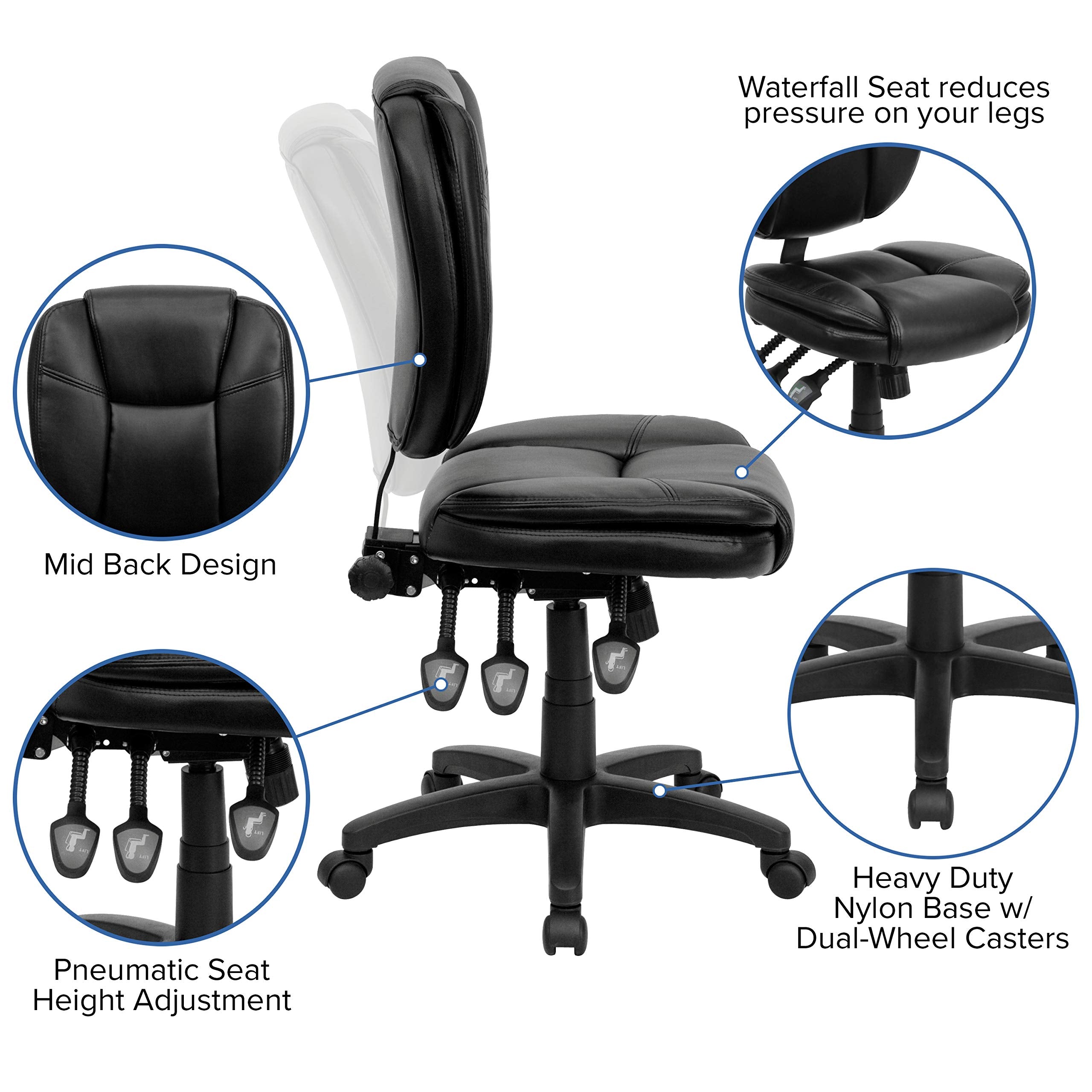 Flash Furniture Caroline Mid-Back Black LeatherSoft Multifunction Swivel Ergonomic Task Office Chair with Pillow Top Cushioning