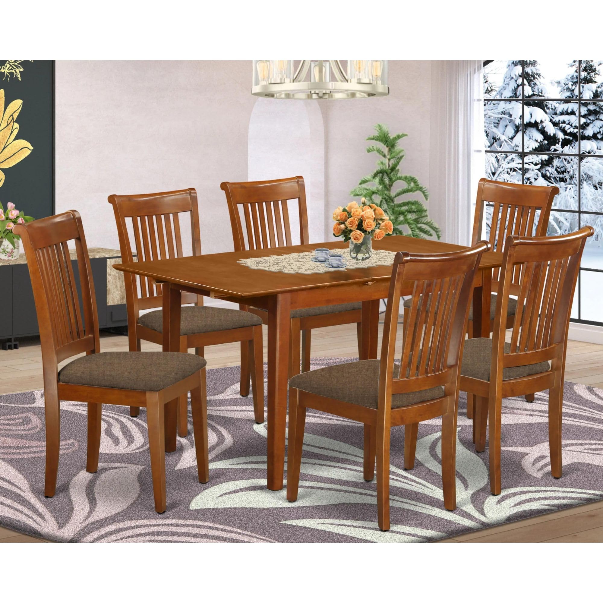 East West Furniture MLPO7-SBR-C Milan 7 Piece Dinette Set Consist of a Rectangle Room Table with Butterfly Leaf and 6 Linen Fabric Upholstered Dining Chairs, 36x54 Inch, Saddle Brown