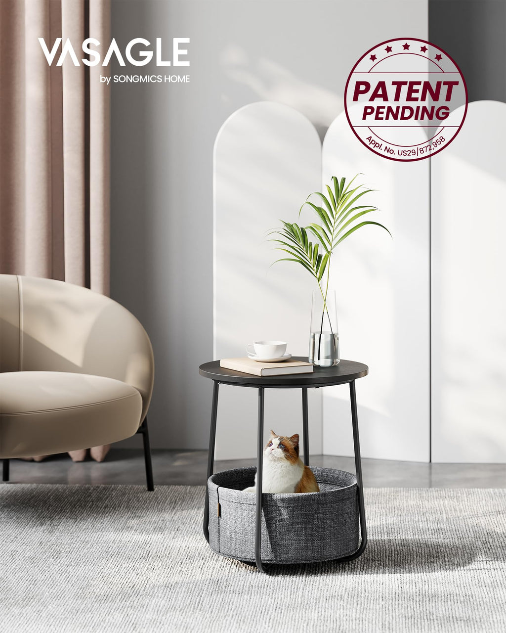Vasagle End Table, Small Bedside Table With Fabric Basket, Modern Nightstand, Round Side Table, For Living Room, Bedroom, Ebony Black And Slate Gray Ulet223B01