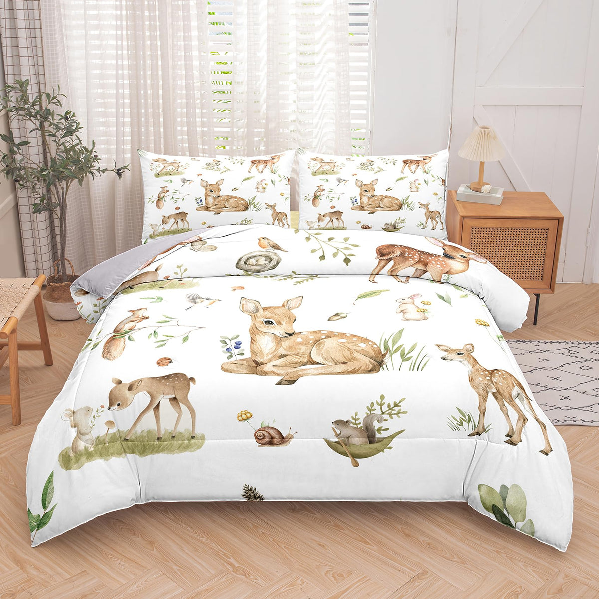 Ninenine Deer Bedding Set Kawaii Deer Comforter Sets For Girls Kids,Queen Bedding Sets For Girls,Cute Deer Comforter Wild Animal