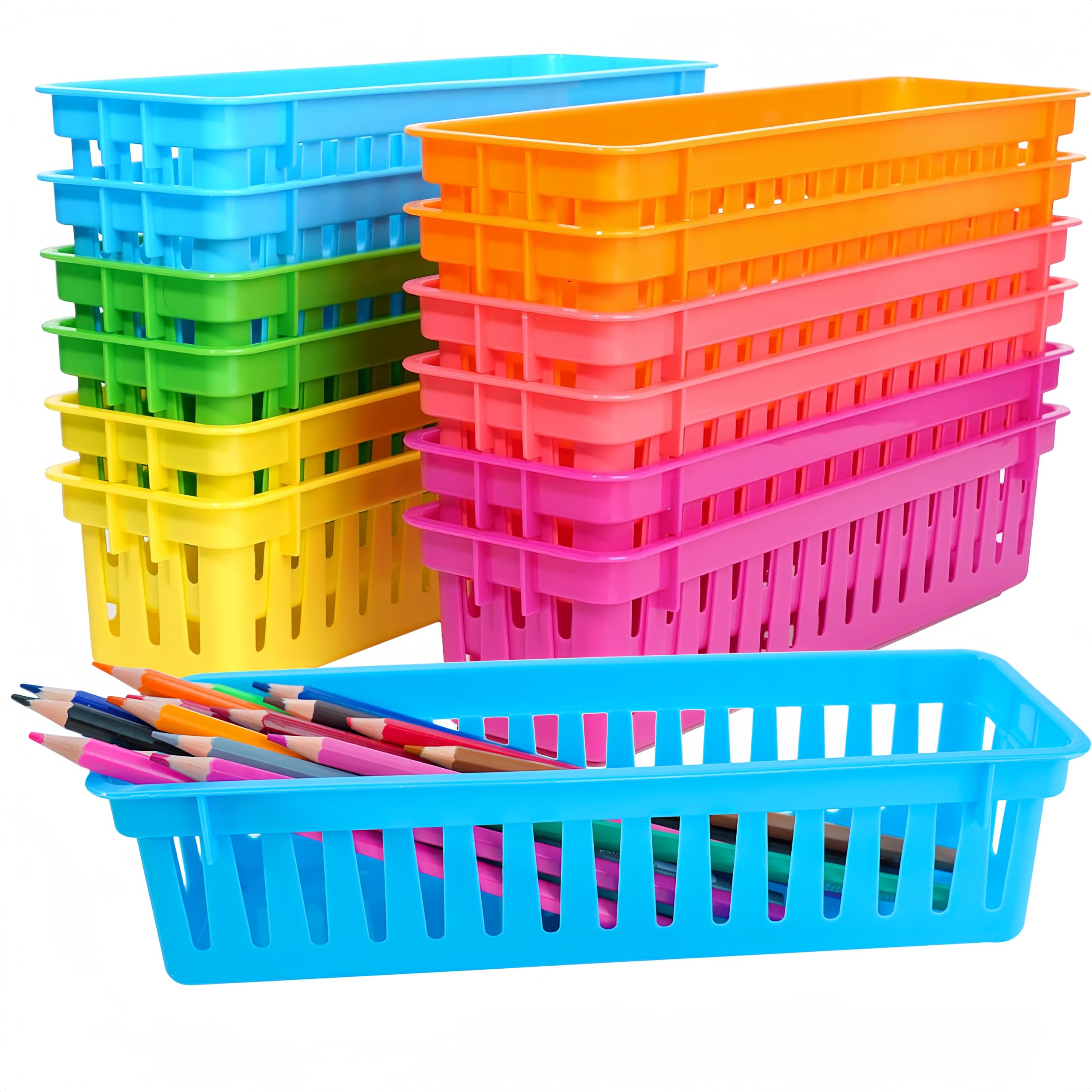 Zzyfgh 12 Pack Pencil Holder For Kids Desk, Colorful Pen Baskets Tray For Organizing Classroom Supplies