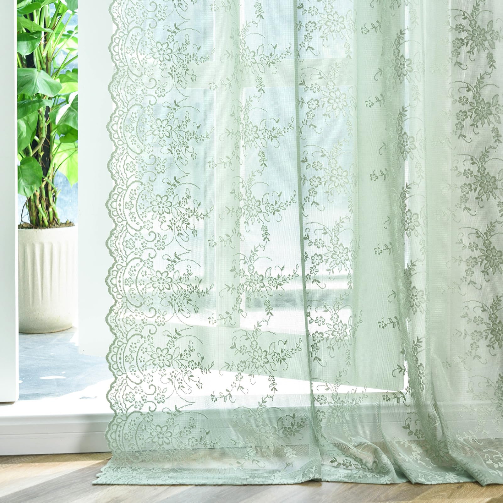 Kotile Sage Green Lace Curtains 84 Inches Long For Living Room, Rustic Vine Floral Knitted Spring Sheer Curtains, Rod Pocket Pri
