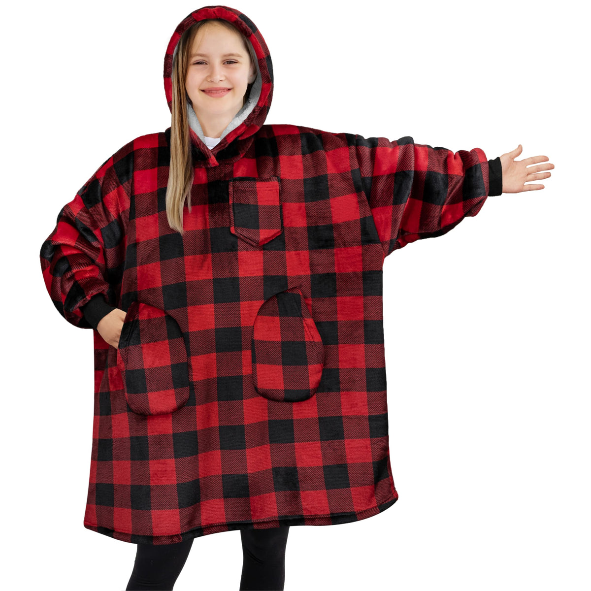 Pavilia Wearable Blanket Sweatshirt For Kids Boy Girl Checker Black Red, Warm Cozy Giant Blanket Hoodie, Fleece Sherpa Oversized