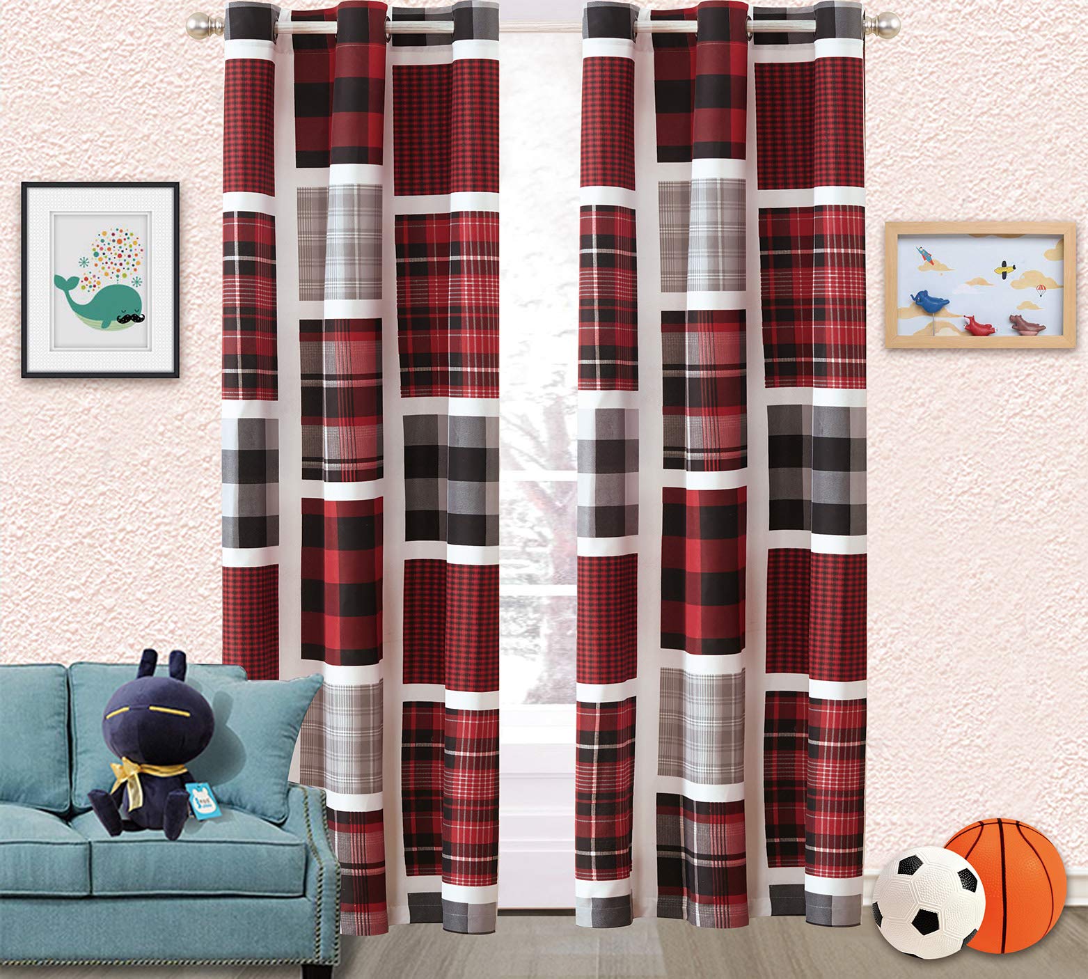 Sapphire Home Kids Boys Teens 2 Window Curtain Panels 84 Long, Plaid Stripes Checked Print Design Black Red Gray Curtains for Te