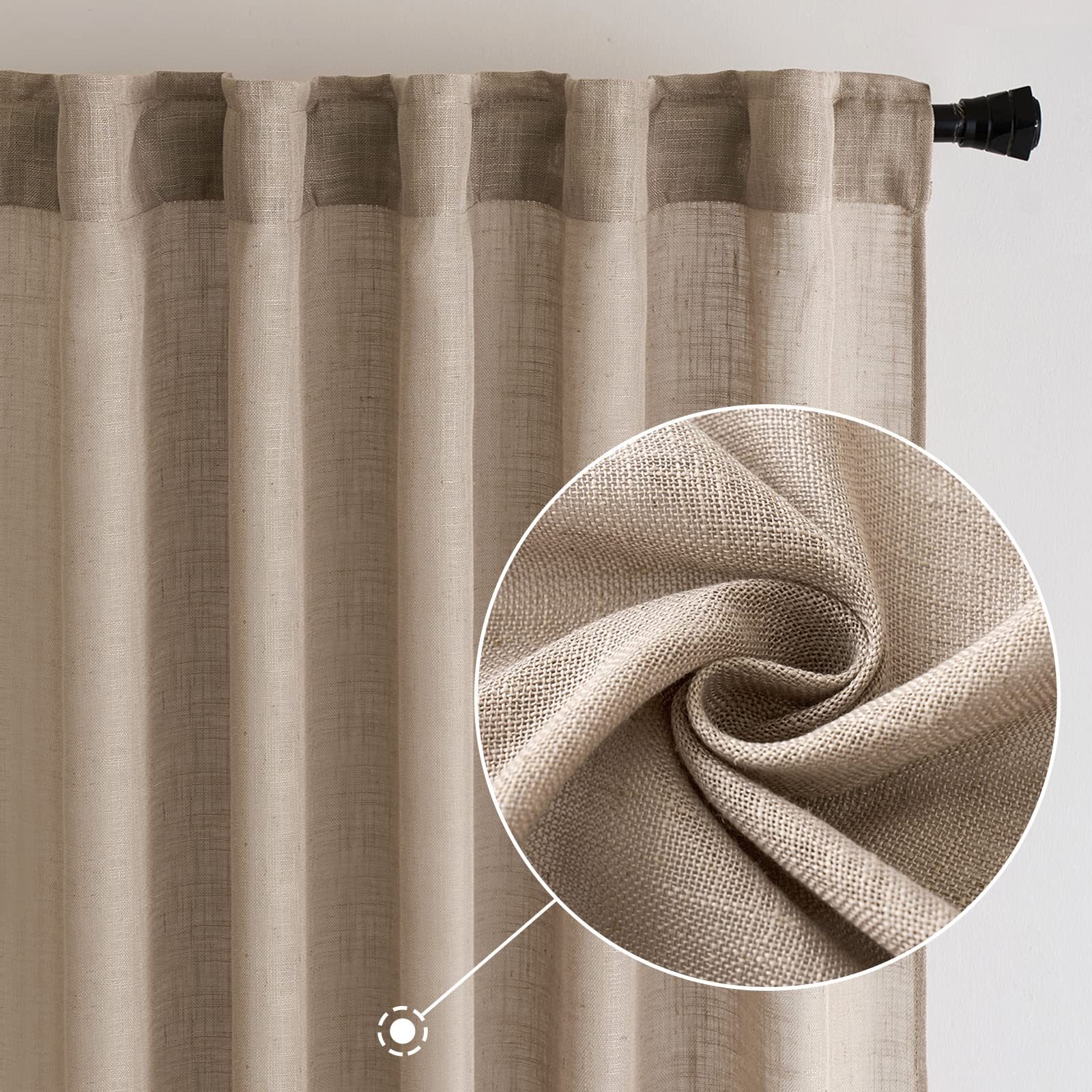 MIULEE 108 Taupe Linen Curtains, Semi Sheer, 52W x 108L, Rod Pocket, Thick Textured Drapes for Bedroom & Living Room, 2 Panels
