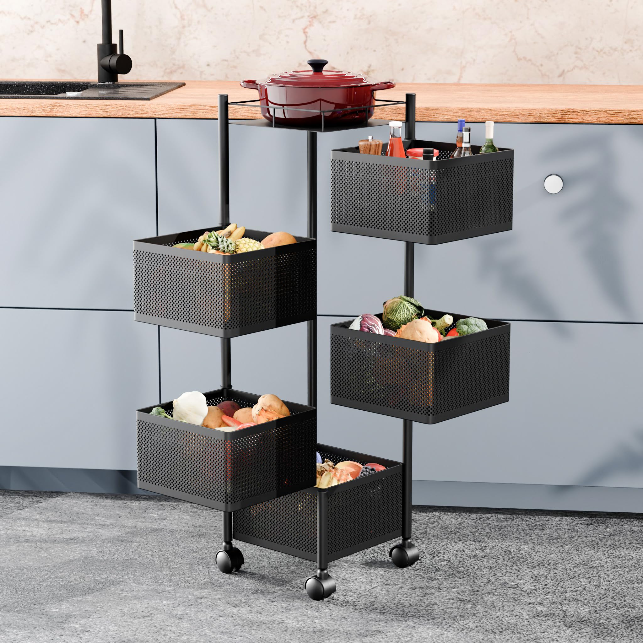 TexRo Kitchen Trolley With Wheels | 5Layer Metal Vegetable Basket Stand & Kitchen Storage Rack | Multipurpose Kitchen Organize