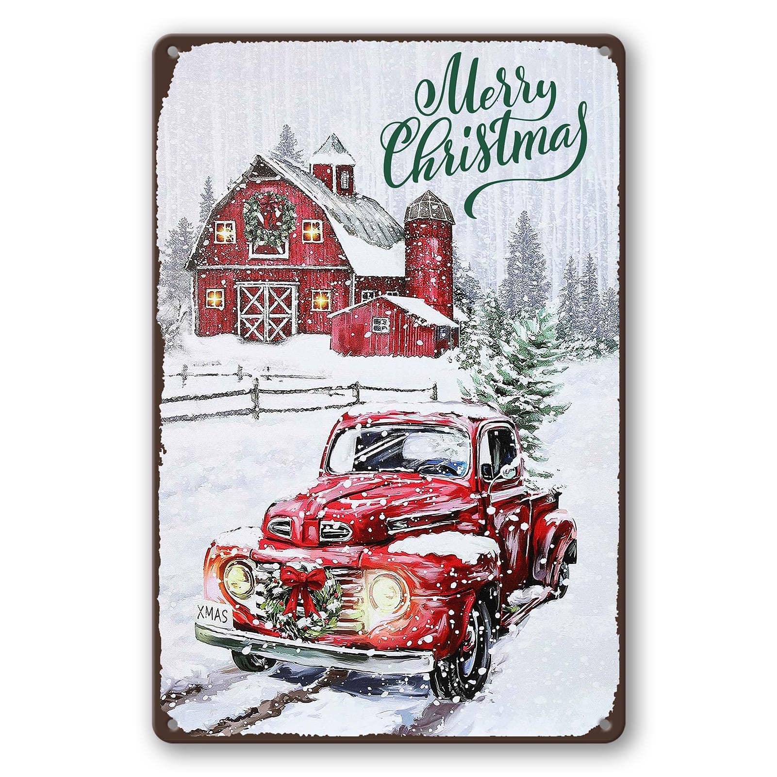 Merry Christmas Metal Tin Sign Vintage Christmas Red Truck Wall Sign Retro Christmas Tree Metal Plaque Sign Decorations Christma