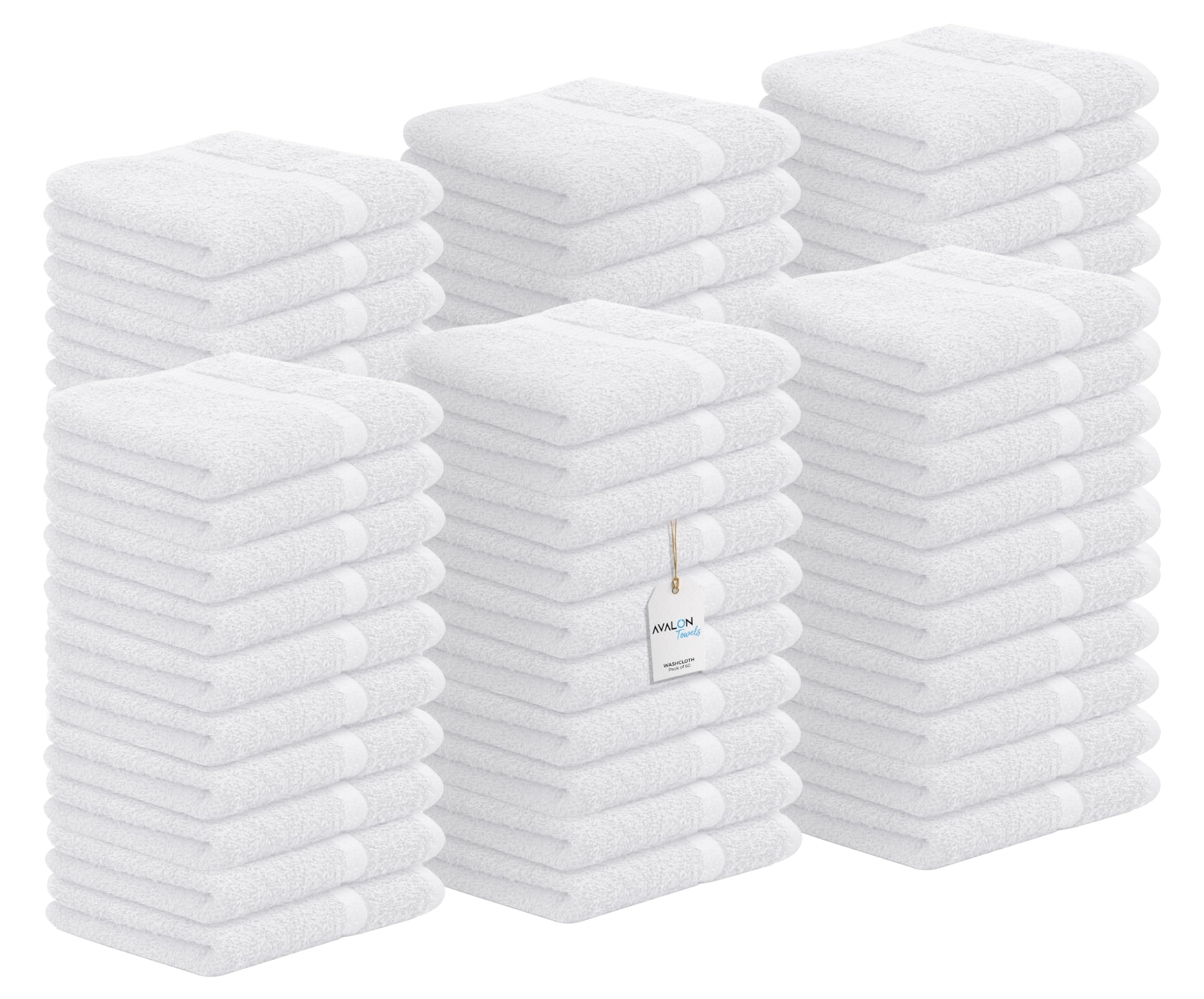 Avalon Towels Cotton Washcloths - (Pack of 60) Size 12x12 Inches, 100% Ring Spun Cotton, Soft & Absorbent Face Towels, Gym Towel