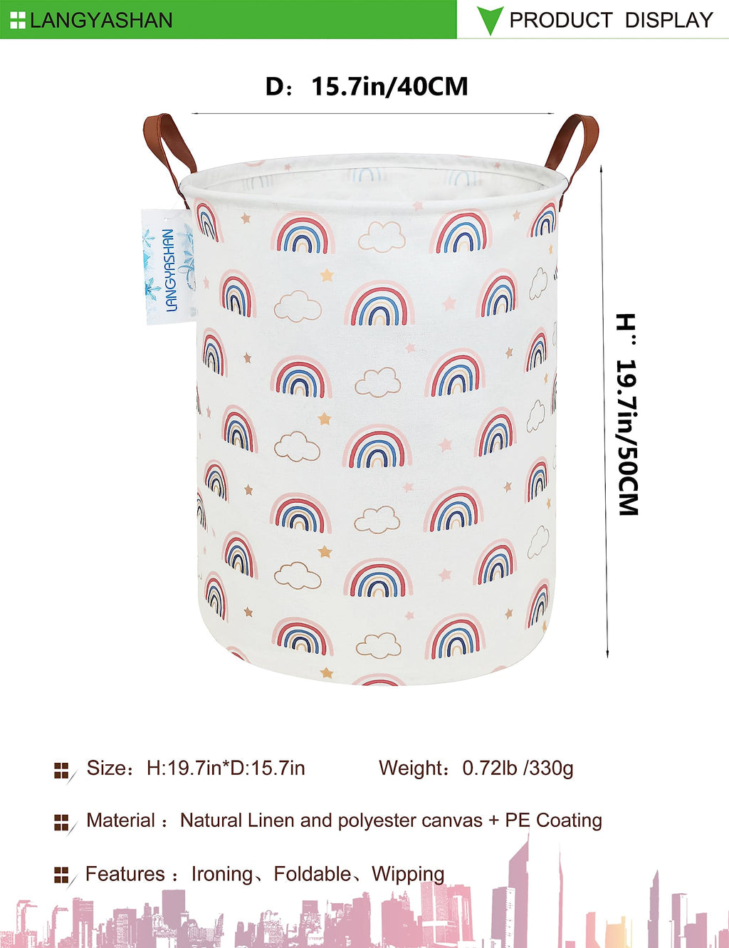 Langyashan Laundry Basket Canvas Fabric Collapsible Organizer Basket For Storage Bin Toy Bins Gift Baskets Bedroom Clothes Child