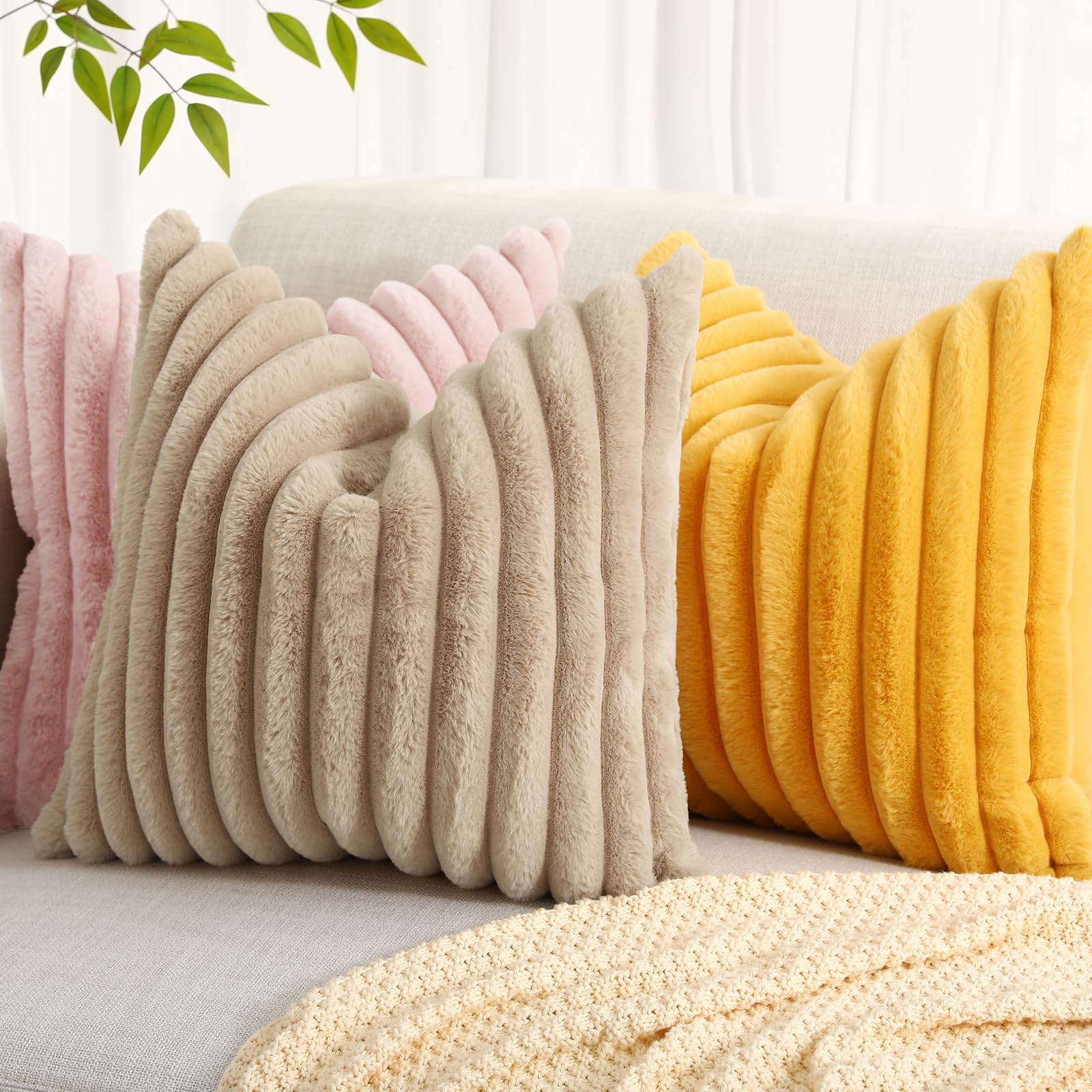 Decoruhome Faux Fur Throw Pillow Covers 20X20 Set Of 2, Decorative Soft Plush Striped Couch Pillow Covers With Velvet Back For Sofa, Bed, Living Room, Khaki