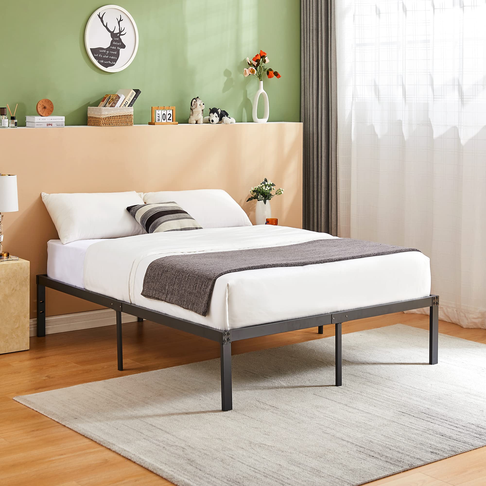 Vecelo 14 Inch Metal Queen Size Bed Frame,Black Basic Steel Slats Platform, Easy Assembly Heavy Duty Noise Free/No Box Spring Needed,Modern(2 Set)