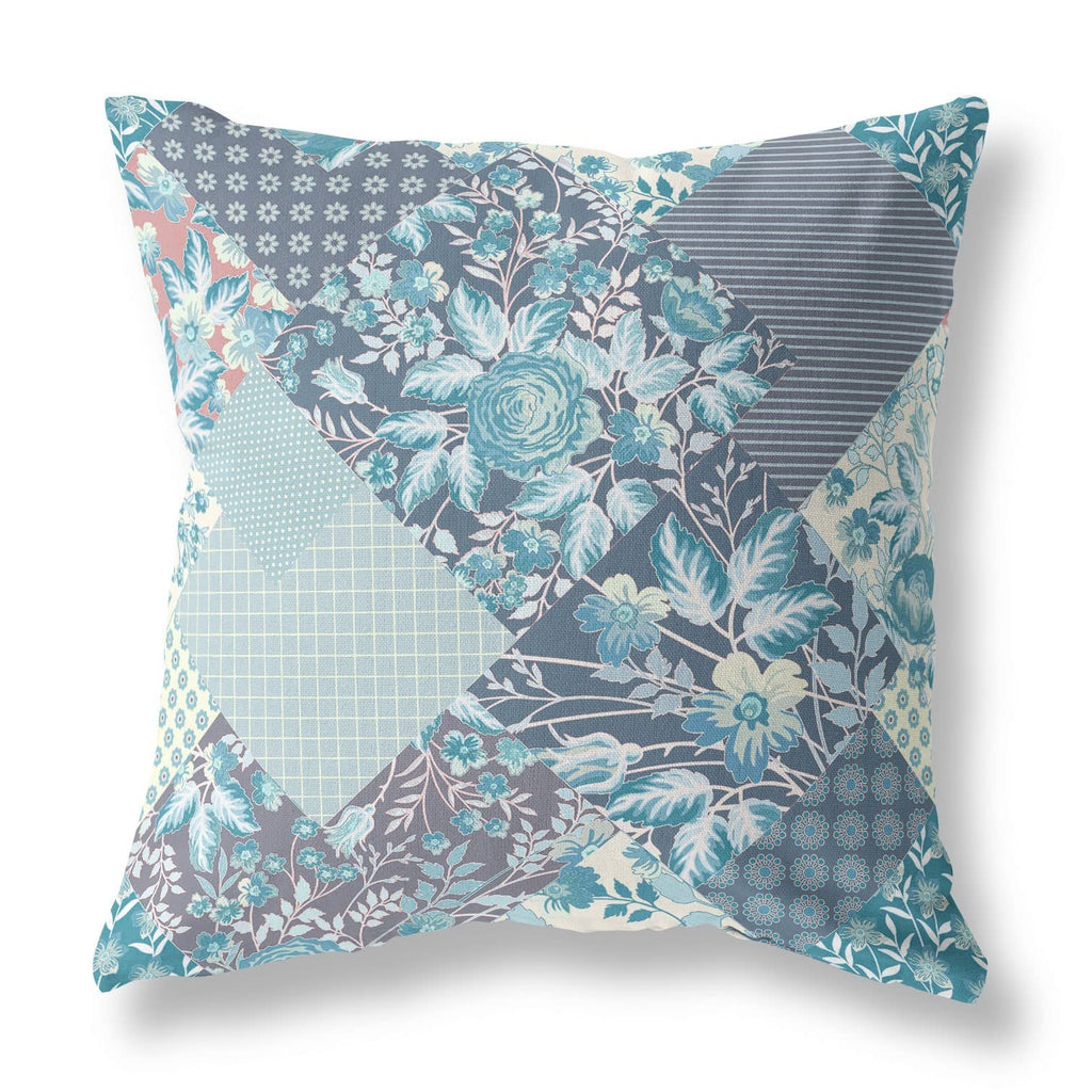 HomeRoots Broadcloth Aqua Navy Boho Floral Indoor Outdoor Throw Pillow