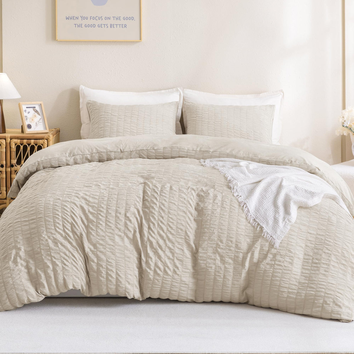 Litanika Beige Seersucker Comforter Set King Size, 3 Pieces Cute Lightweight Seersucker Bedding Set & Collections, Soft Bed Set
