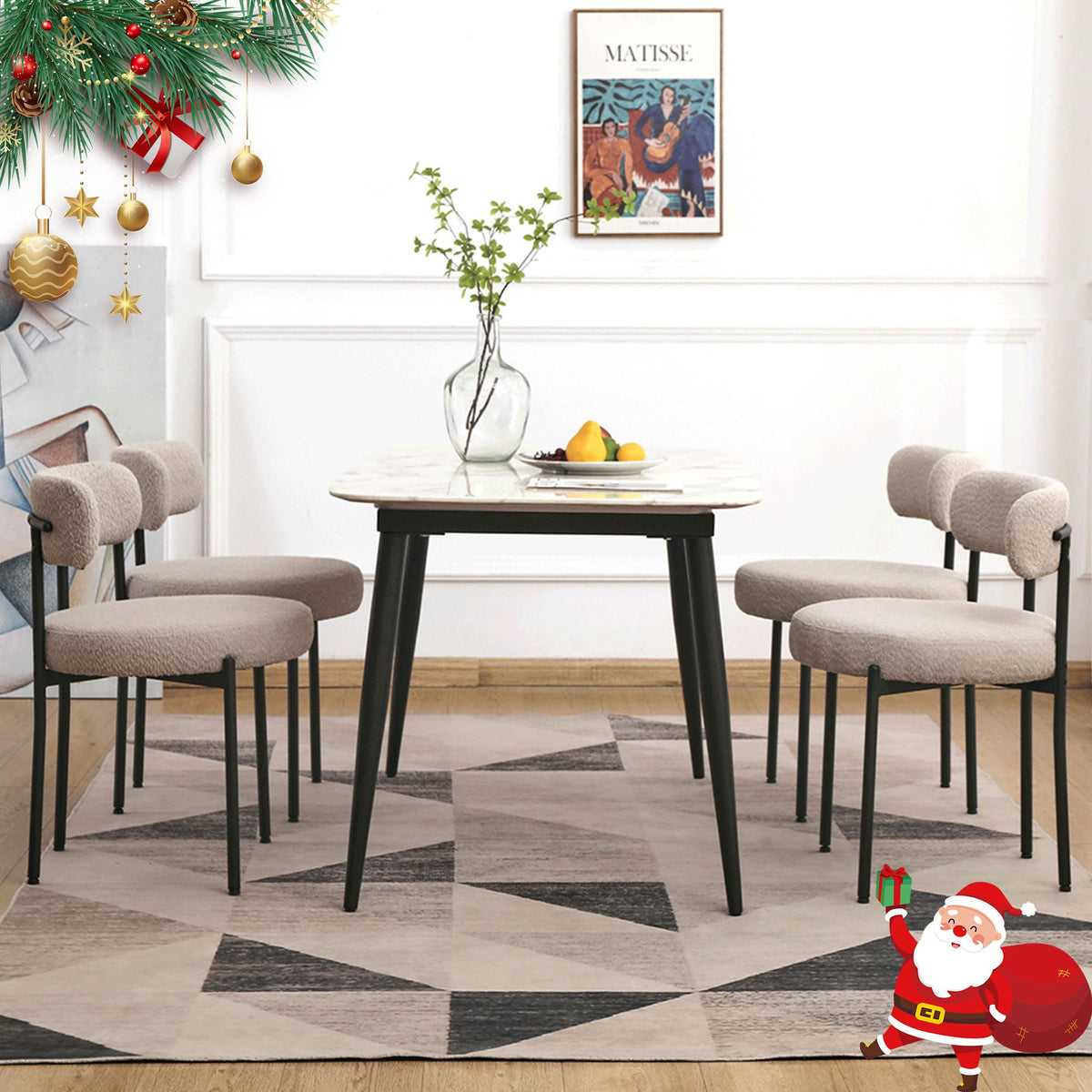 Edwell Boucle Dining Chairs Set Of 4, Modern Dining Room Chairs With Thick Cushions, Round Upholstered Kitchen Chairs With Black