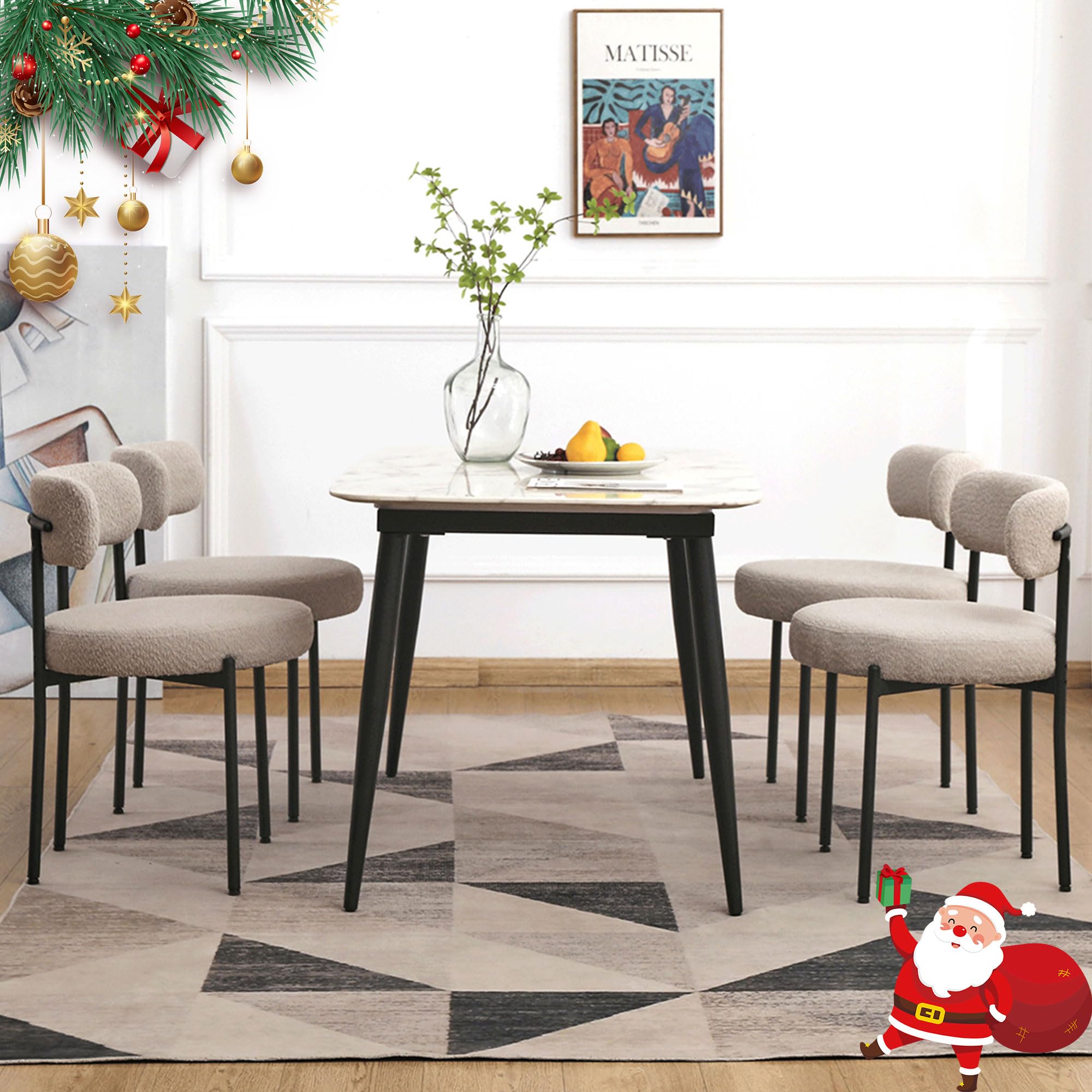 Edwell Boucle Dining Chairs Set Of 4, Modern Dining Room Chairs With Thick Cushions, Round Upholstered Kitchen Chairs With Black