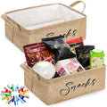 DEAYOU 2 Pack Snack Organizer for Pantry, Burlap Snack Storage Bins with 30 Pcs Bag Clips, Foldable Basket Containers with Handl