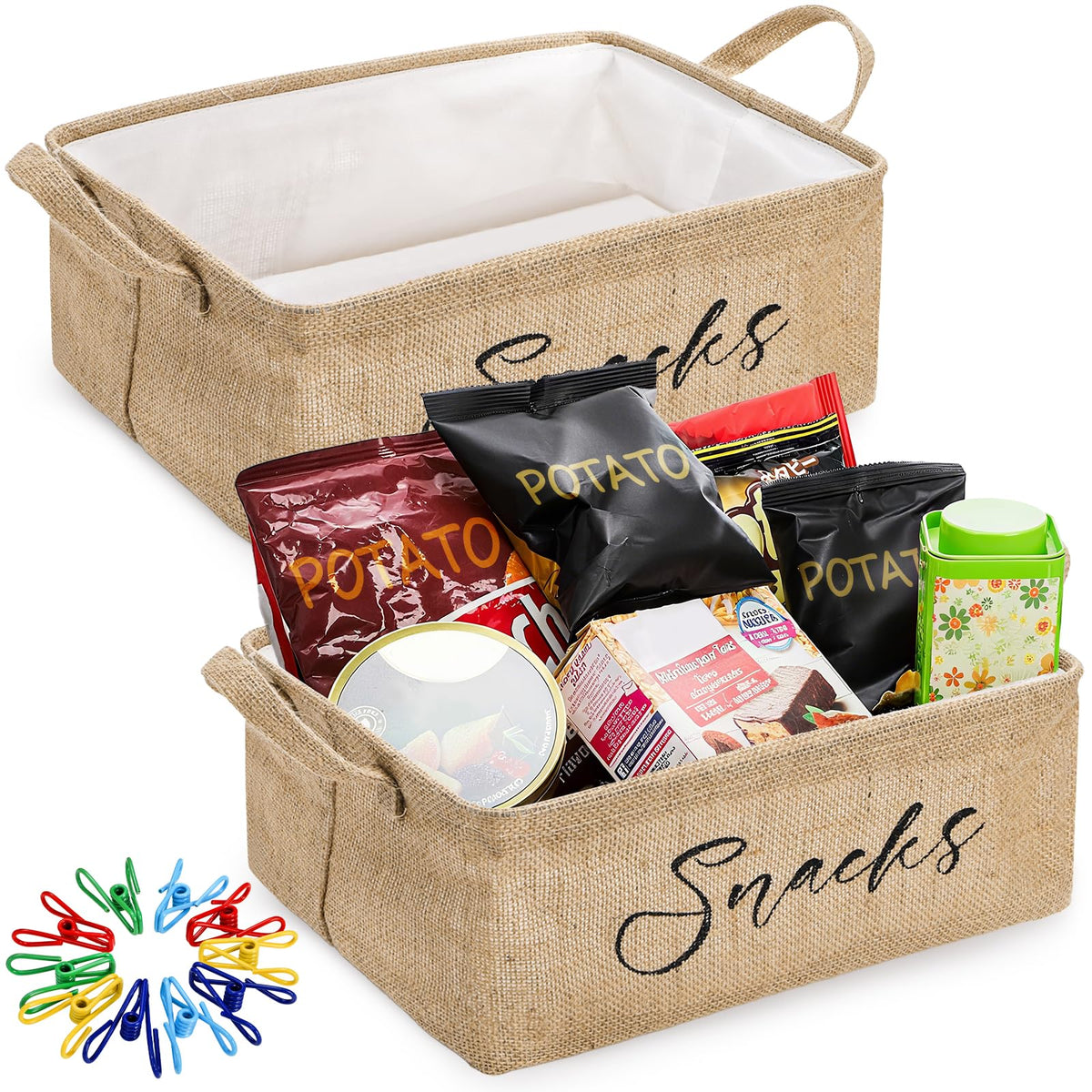 DEAYOU 2 Pack Snack Organizer for Pantry, Burlap Snack Storage Bins with 30 Pcs Bag Clips, Foldable Basket Containers with Handl