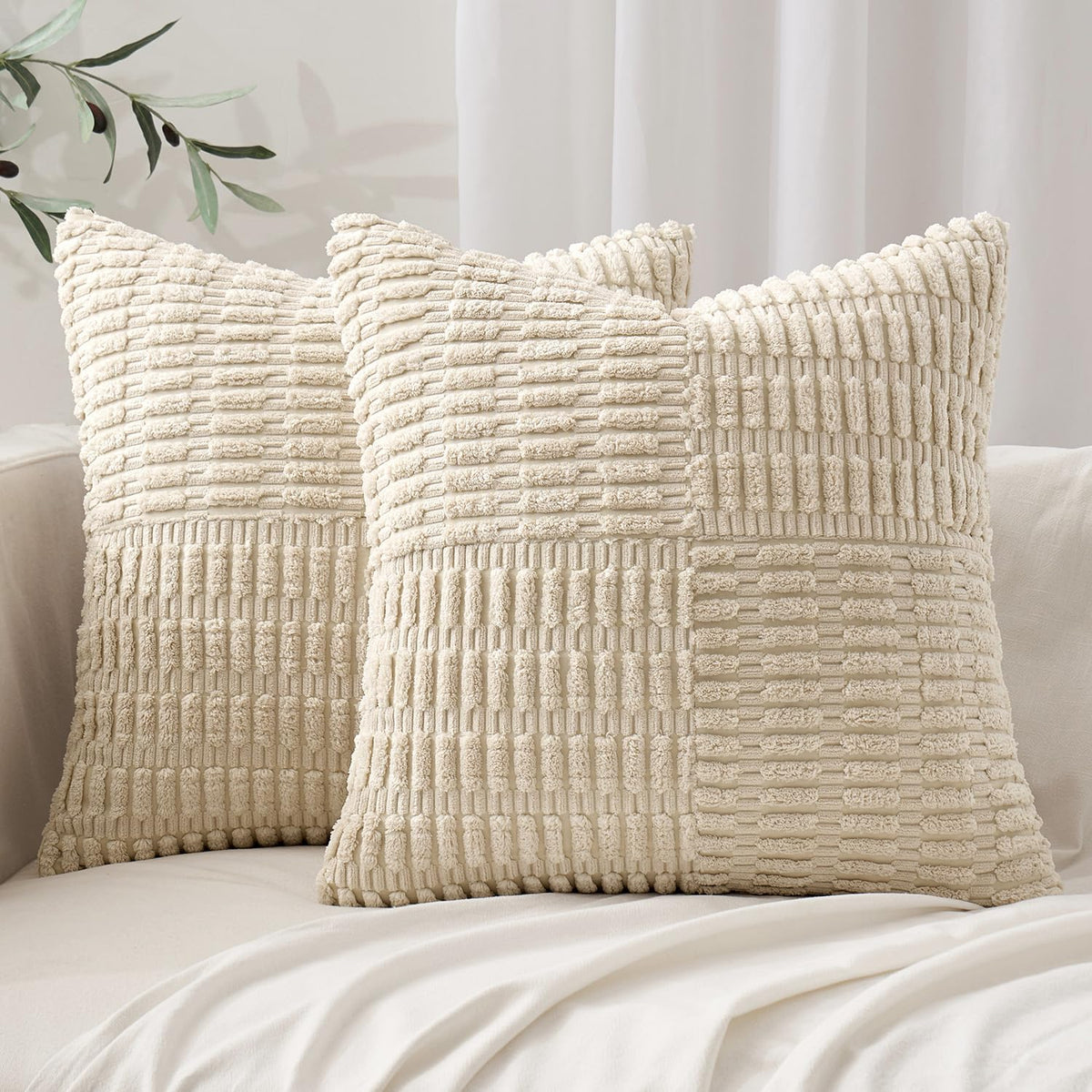 Miulee Cream White Boho Pillow Covers Set Of 2 Decorative Farmhouse Couch Throw Pillows Textured Striped Patchwork Pillowcases F