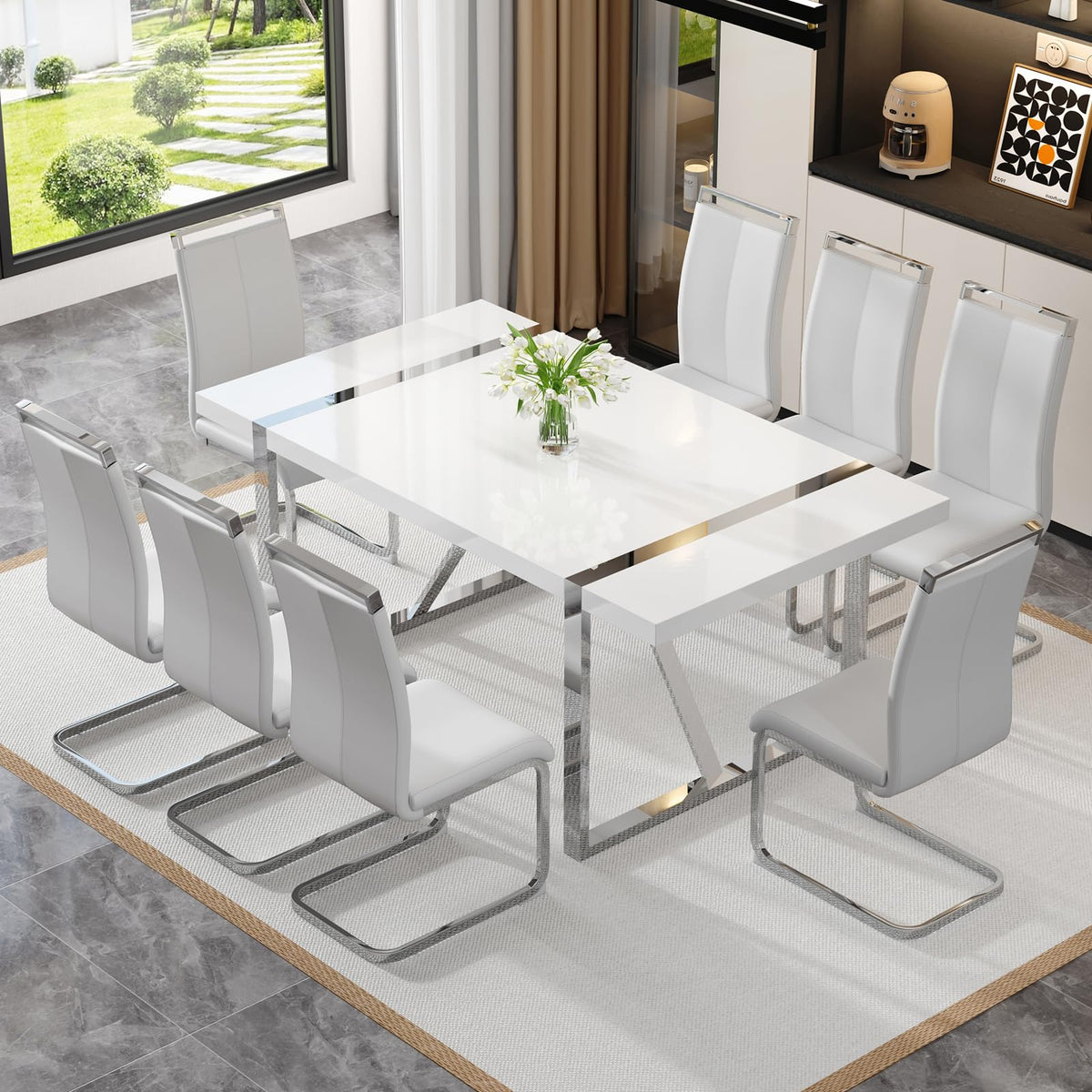 White Dining Table Set For 8,Rectangular Mdf Kitchen Table And Leather Dining Chairs Set Of 8, 9 Piece Dining Room Table Set,Mod
