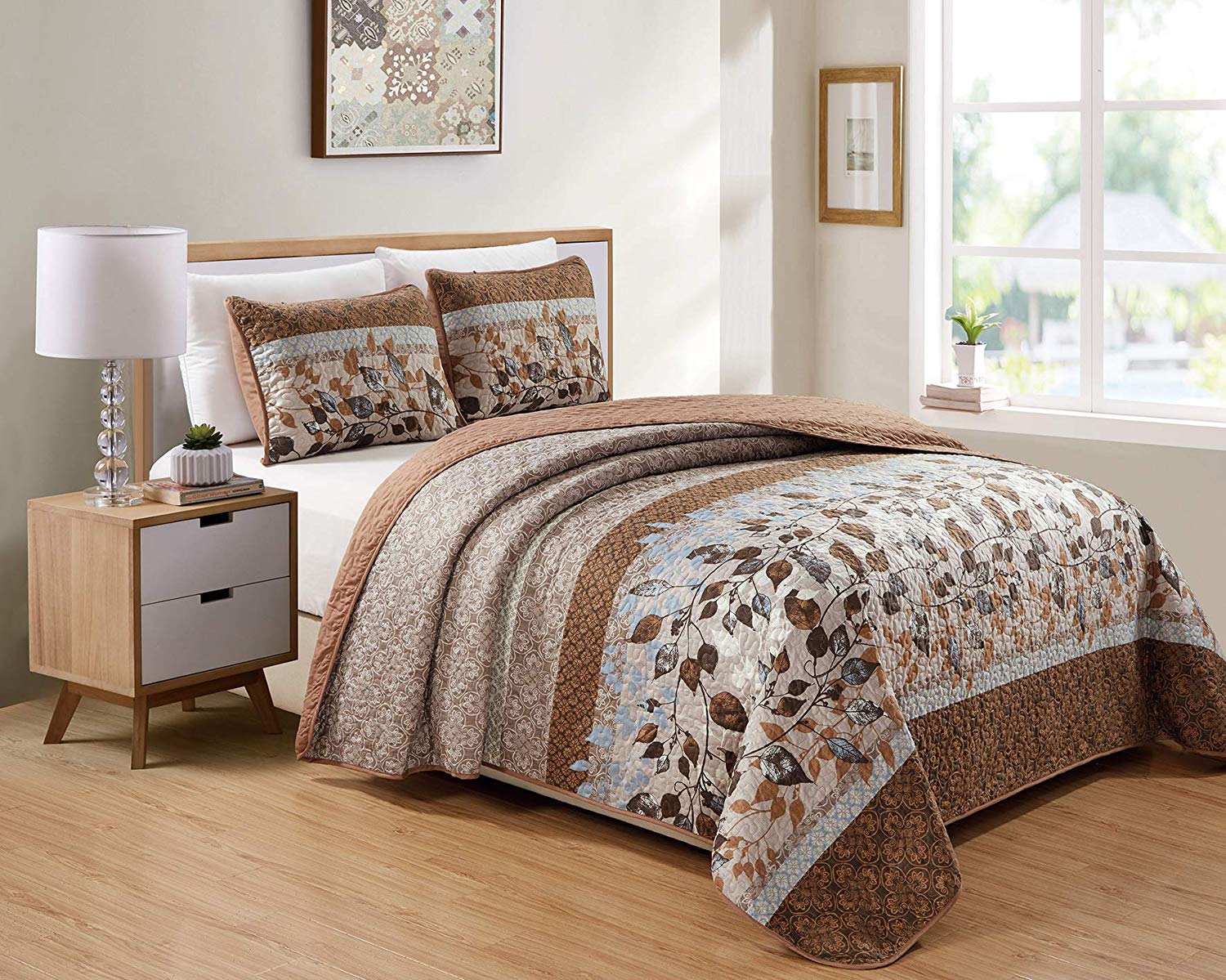 Luxury Home Collection 3 Piece Full/Queen Quilted Reversible Coverlet Bedspread Set Floral Printed Leaves Taupe Beige Brown Ligh