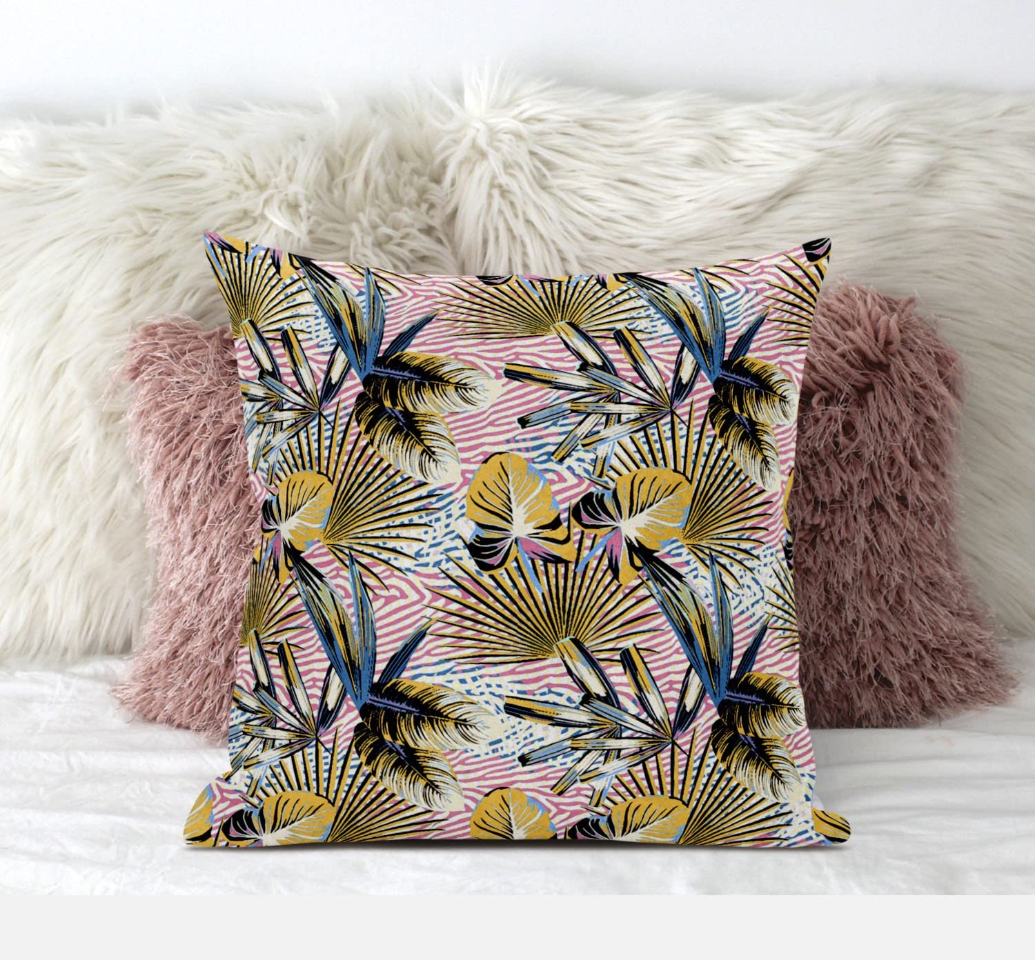 HomeRoots White Light Blue 16â€ Gold Pink Tropical Zippered Suede Throw Pillow