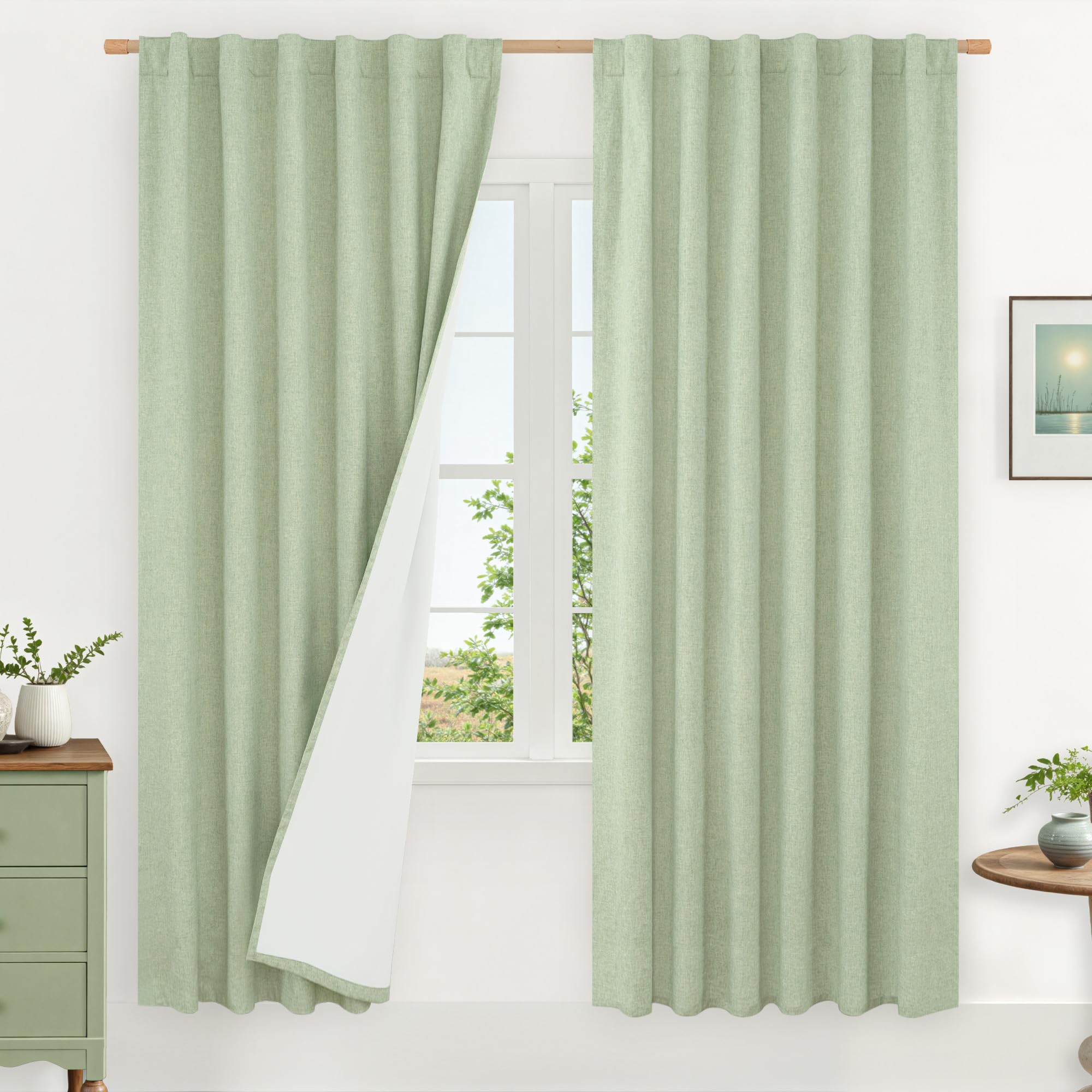LAMIT 100% Blackout Linen Curtains, 80 Inches Linen Textured Thermal Bedroom Drapes Back Tab and Rod Pocket Neutral Panels with 