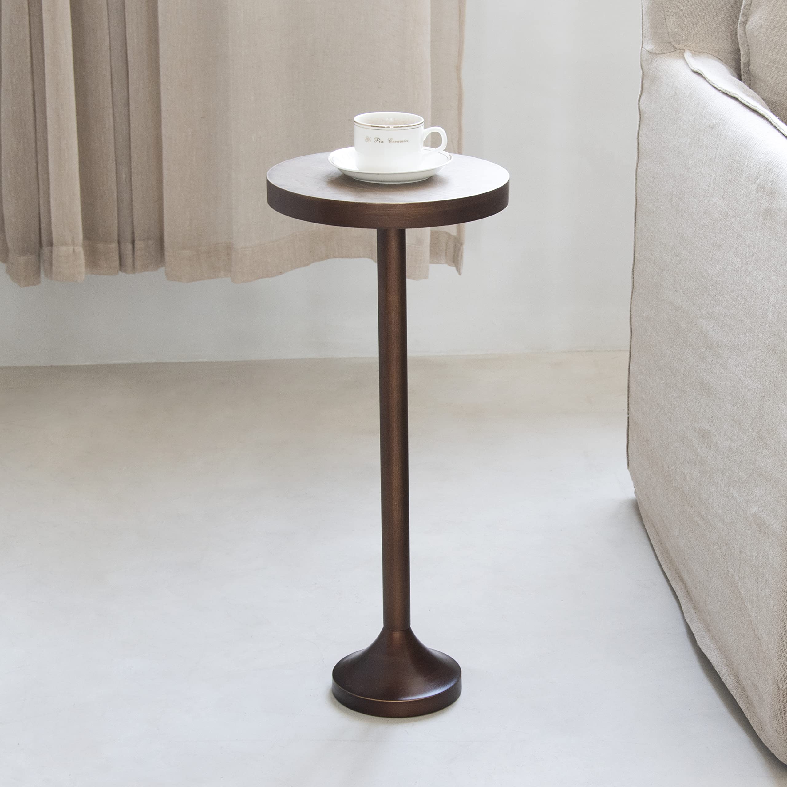 COZAYH Small Pedestal End Table, Metal Base Side Table, Drinking Table with Scratching Distressed Finish, Light Espresso