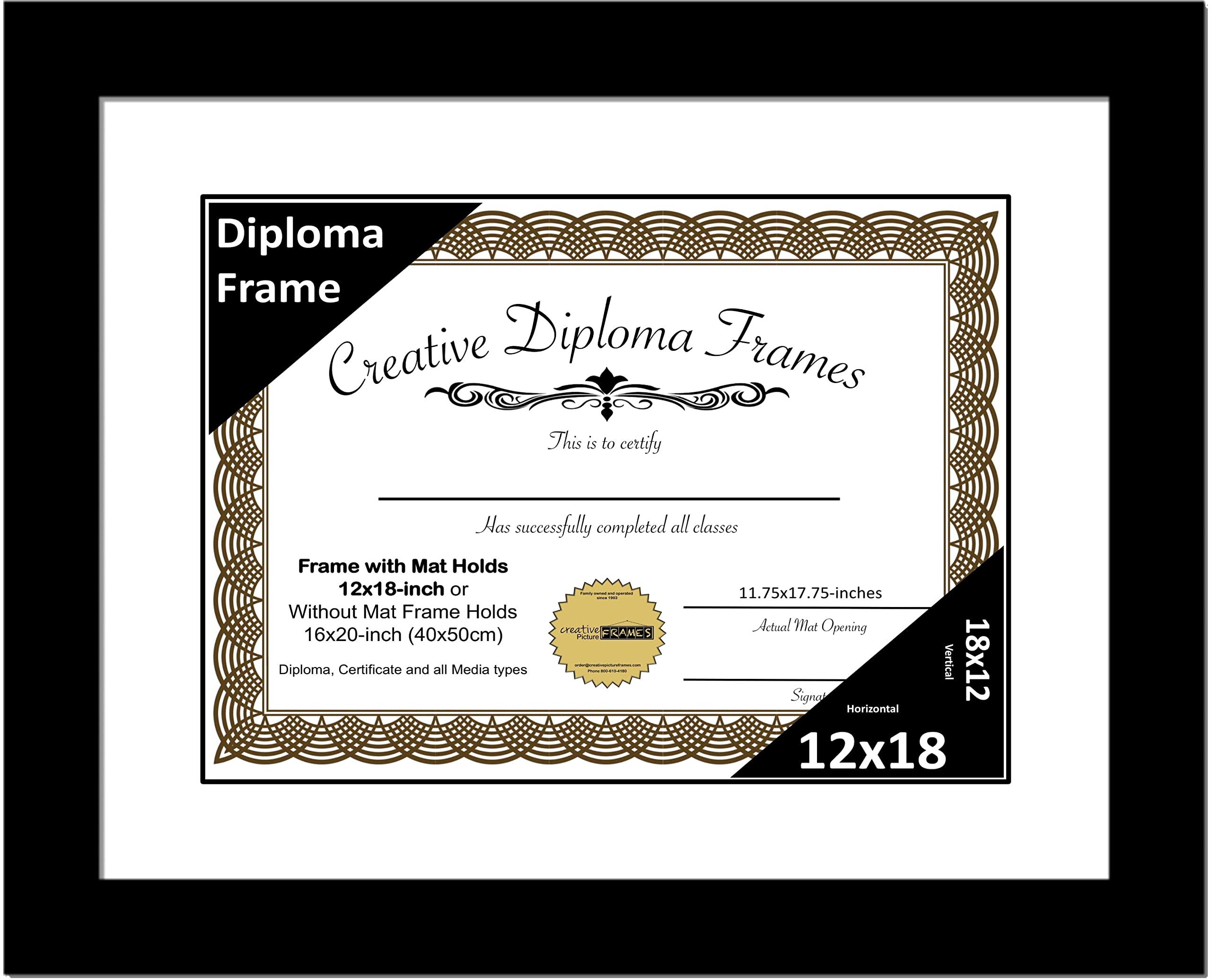 Creative Picture Frames 12x18 Classic Black Diploma Frame with White Mat Glass Easel and Installed Wall Hangers | Frame Holds 16