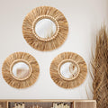 3 Pcs Boho Raffia Mirror Wall Hanging Decor 15.8 Inch 11.8 Inch Rustic Round Boho Circle Mirrors with Wood Bead Farmhouse Aesthe