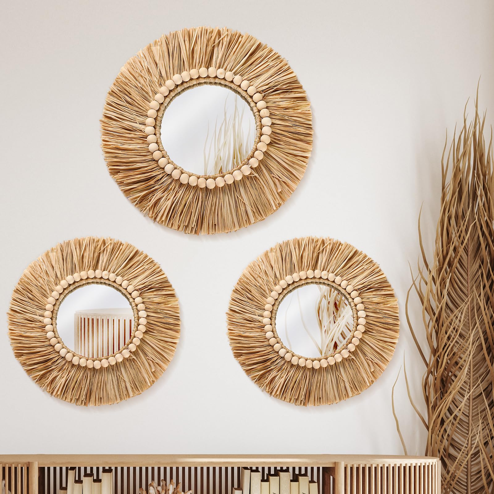 3 Pcs Boho Raffia Mirror Wall Hanging Decor 15.8 Inch 11.8 Inch Rustic Round Boho Circle Mirrors with Wood Bead Farmhouse Aesthe