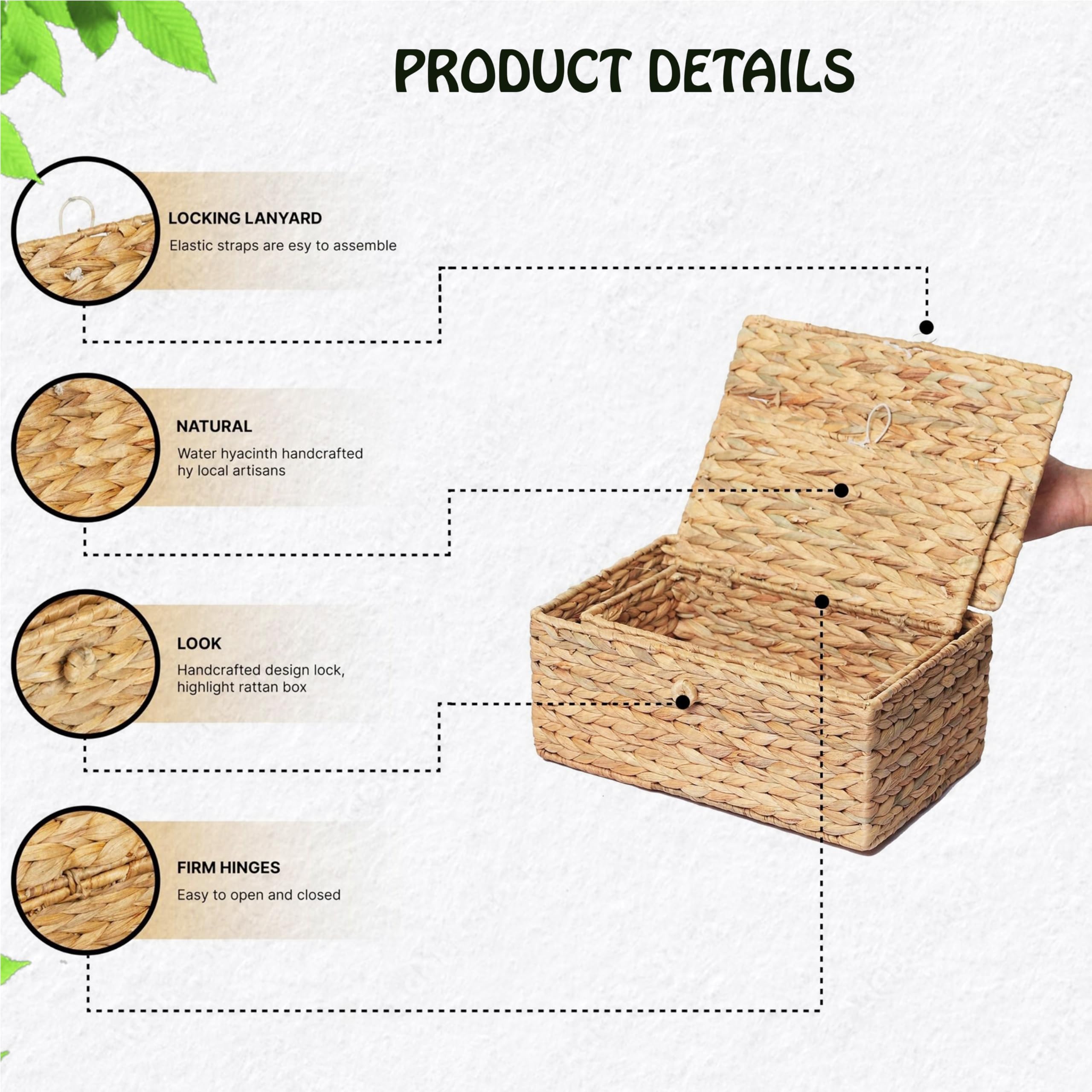 Lusydeco Set Of 2 Rectangular Wicker Storage Bins With Lid, Rattan Basket Decorative Boxes, Multipurpose Organizer Rattan Displa