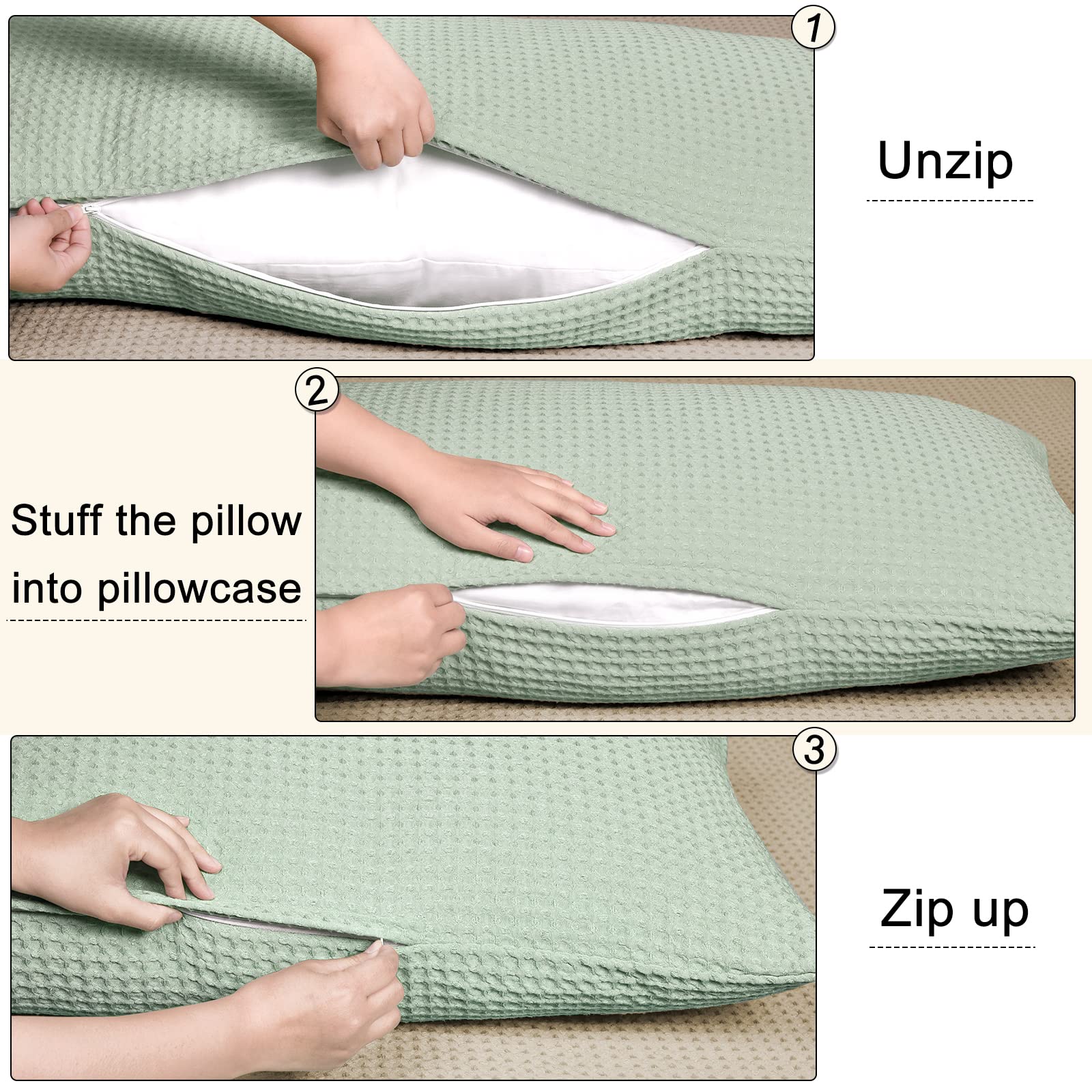 Phf Ultra Soft Waffle Body Pillowcase, Sage Green, 20' X 54', Polyester, Breathable, Skin-Friendly, Zipper Closure