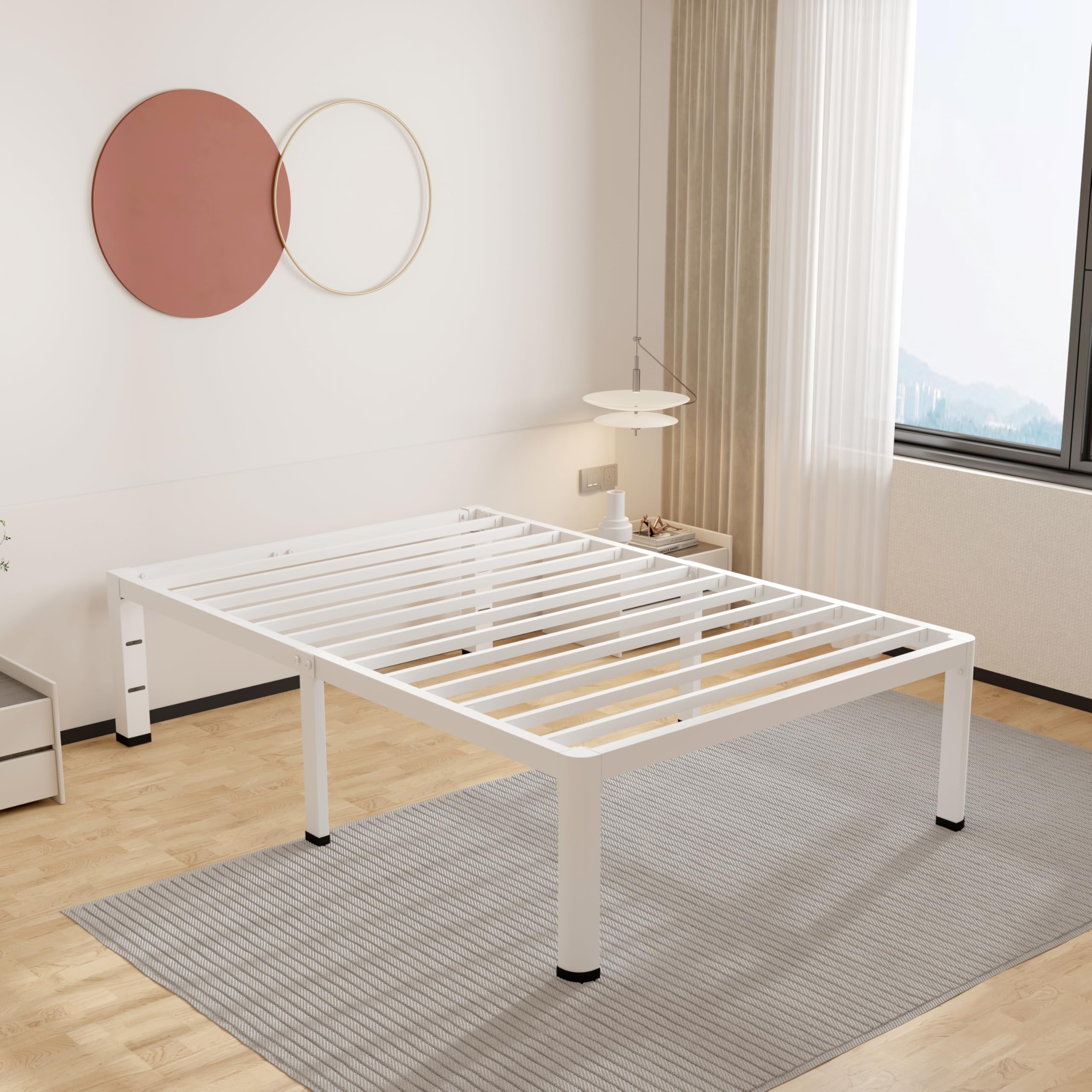 ROIL 14 Inch White Twin Size Bed Frame with Rounded Corner and Headboard Hole Mattress Retainers 3500LBS Heavy Duty Steel Slats 