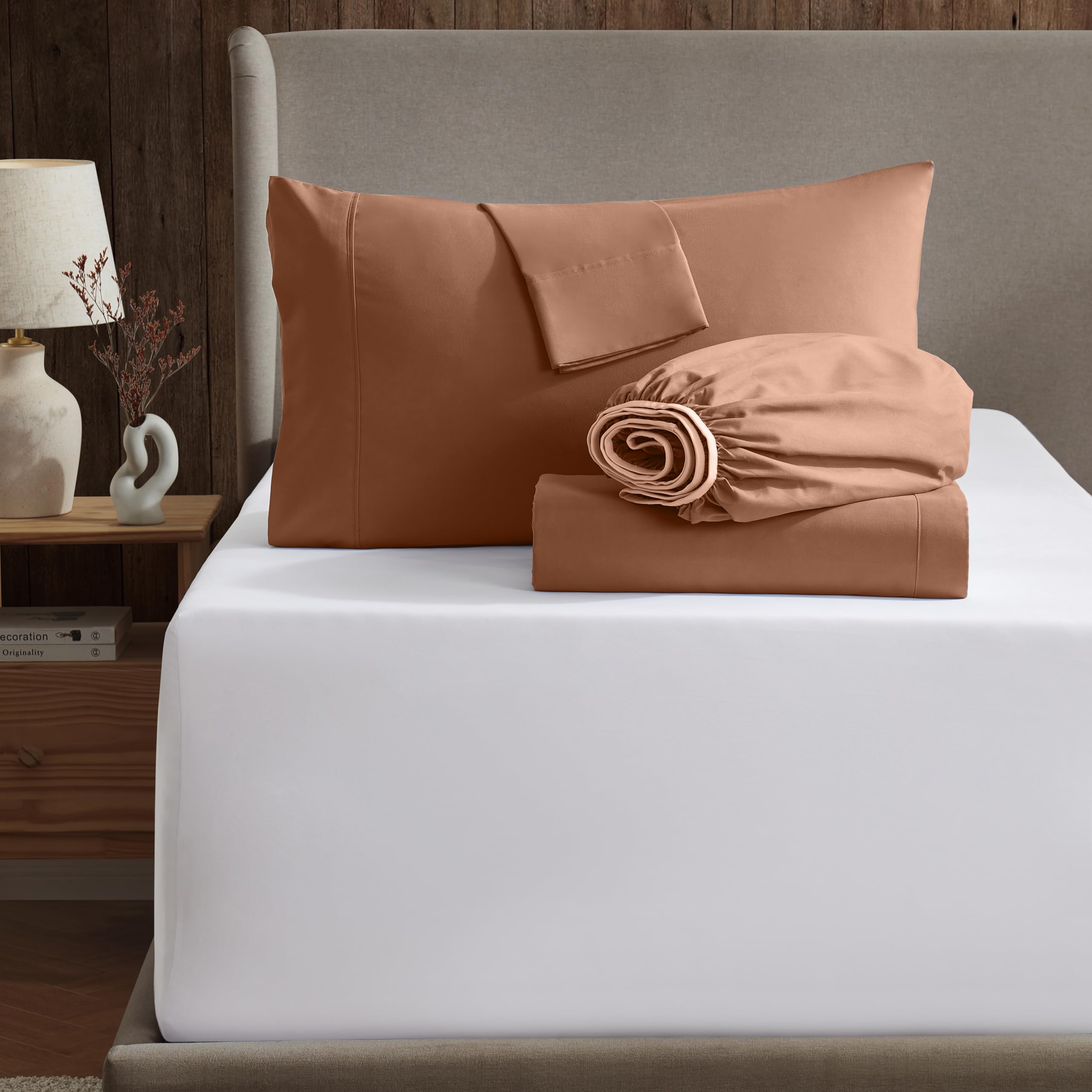 Nestl Extra Twin Deep Pocket Sheets Set - 4 Pc Soft Microfiber Twin Sheets Deep Pocket - Fade Resistant Bedding Sheets & Pillowcases - Twin, Rust Sienna (Orange Brown)