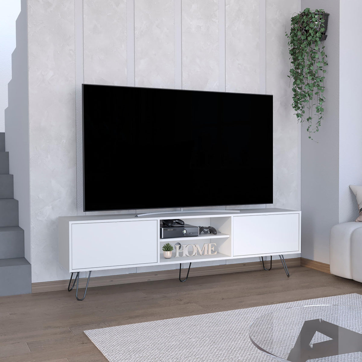 Depot E-Shop Waco Tv Rack, Hairpin Stand With Spacious Storage And Cable Management Holes, White