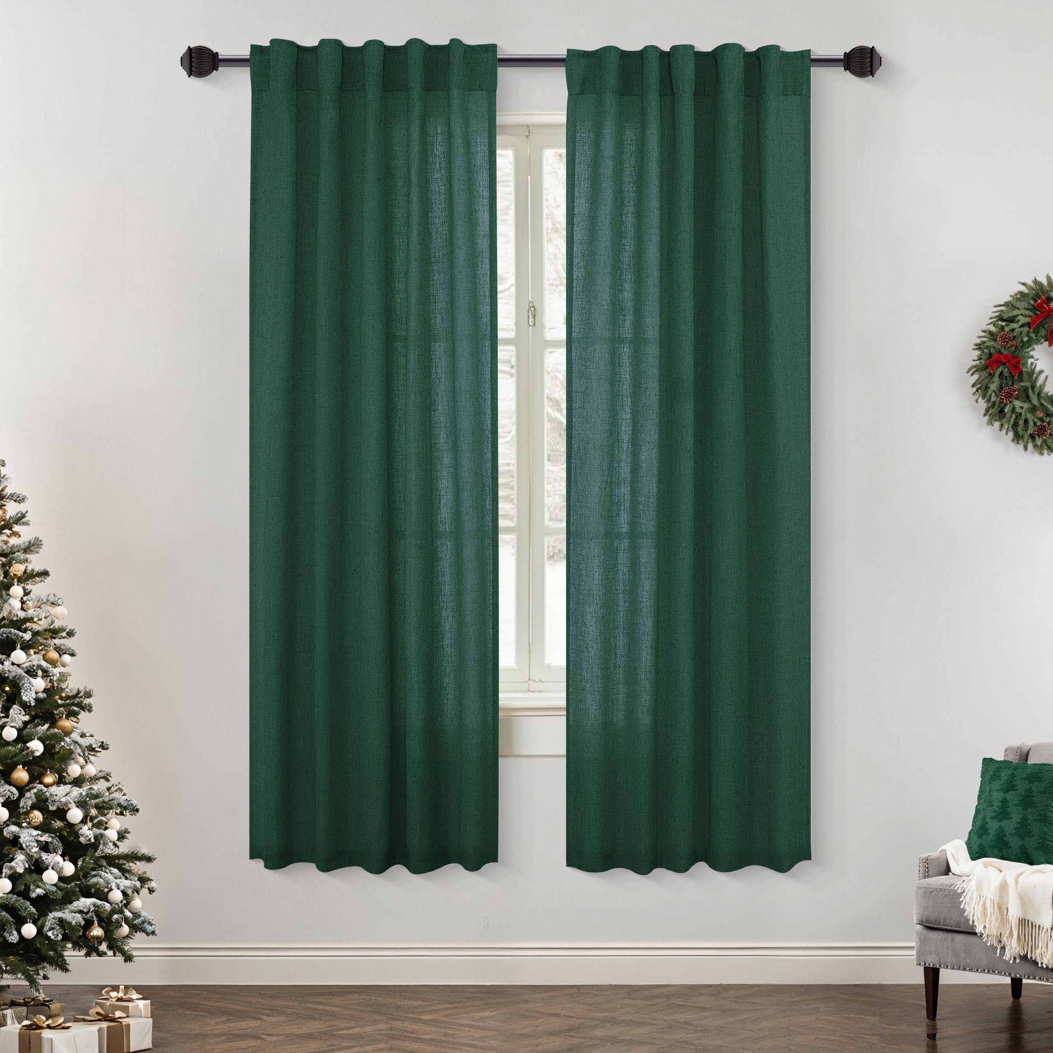 Mrs.Naturall Dark Emerald Green Sheer Curtains,Linen Forest Green Living Room Curtains 63 Inch Length Cortinas Verdes Para Sala